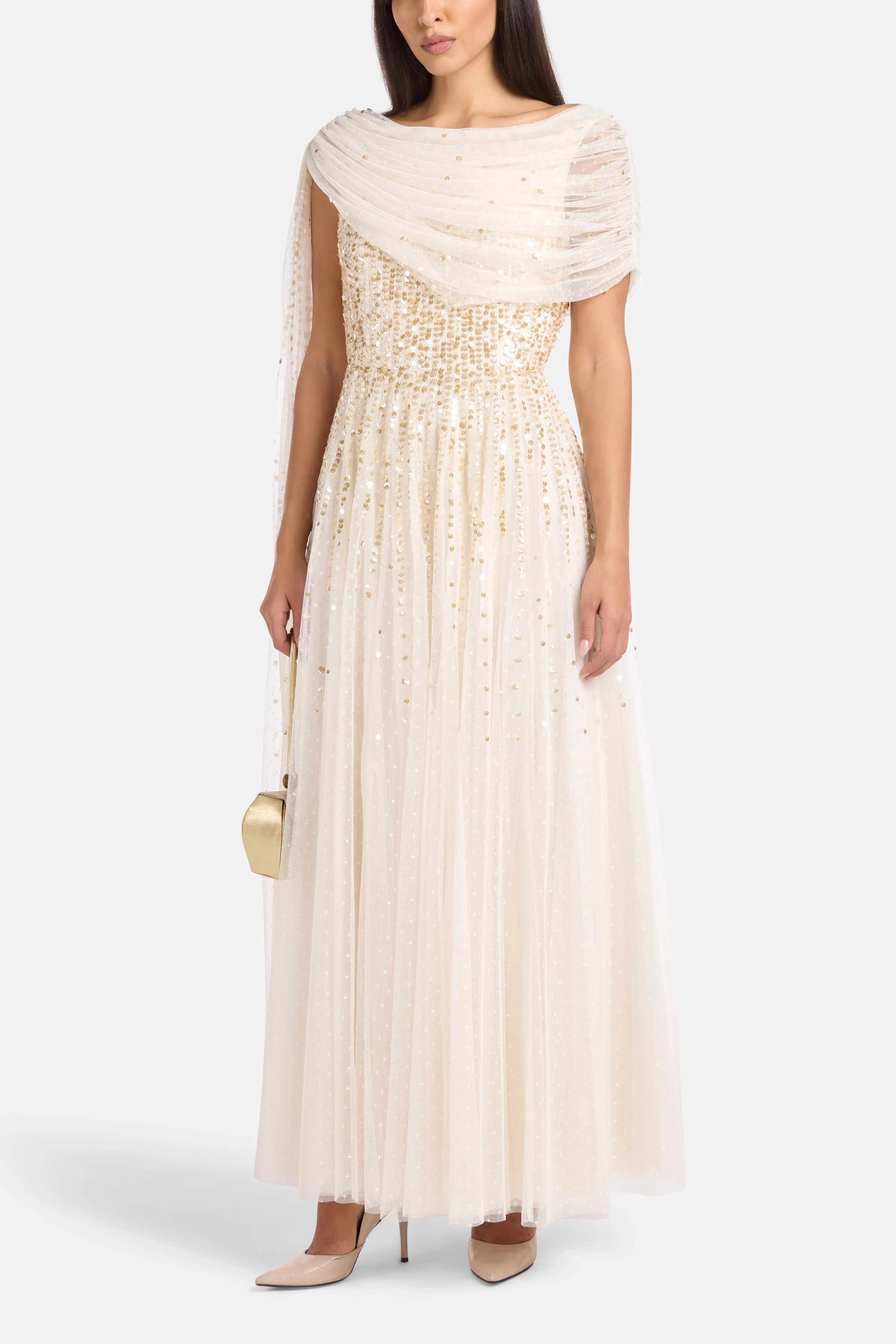 Needle & Thread Moonlight Sequins Draped Evening Dress in Gold