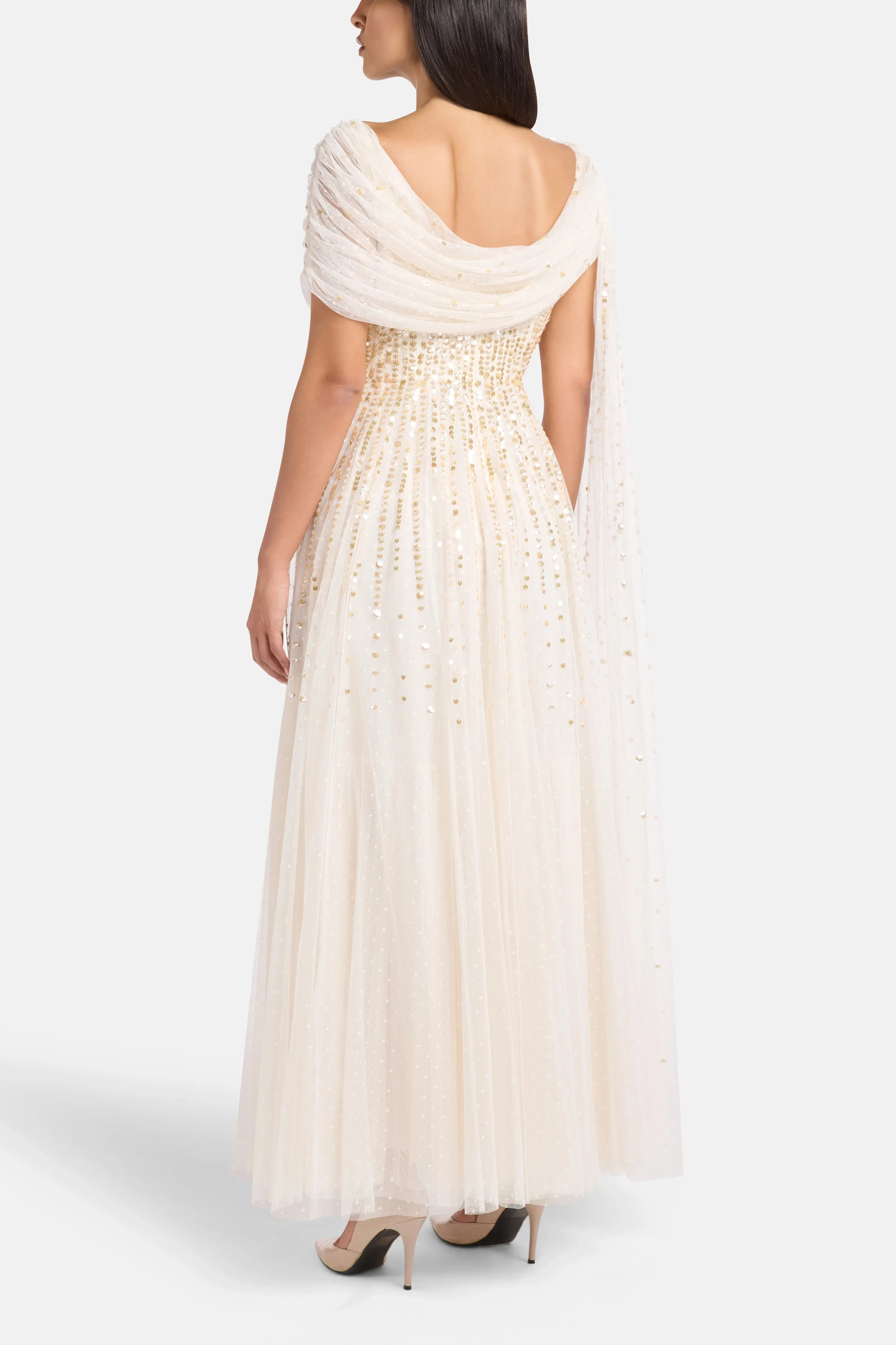 Needle & Thread Moonlight Sequins Draped Evening Dress in Gold