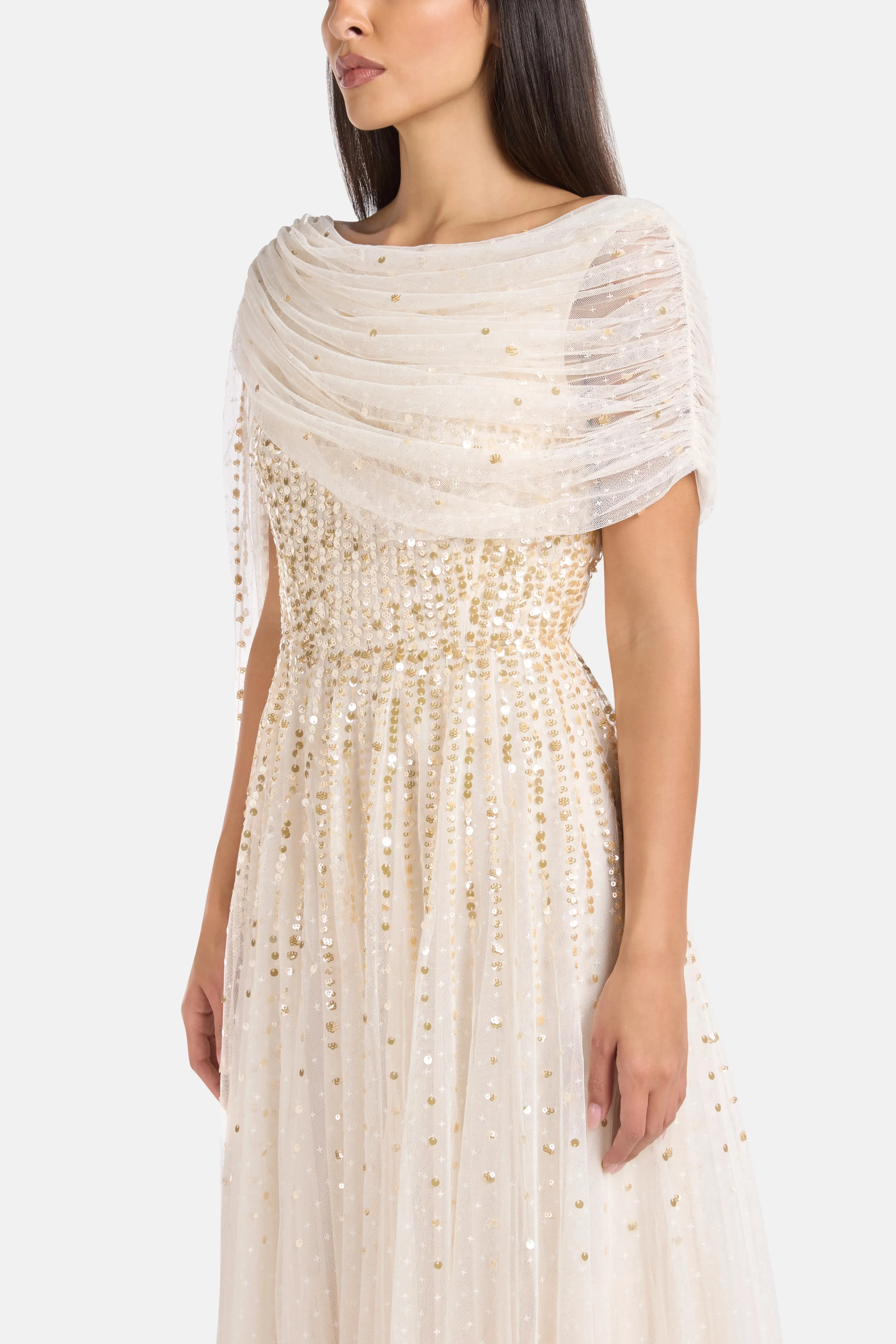 Needle & Thread Moonlight Sequins Draped Evening Dress in Gold