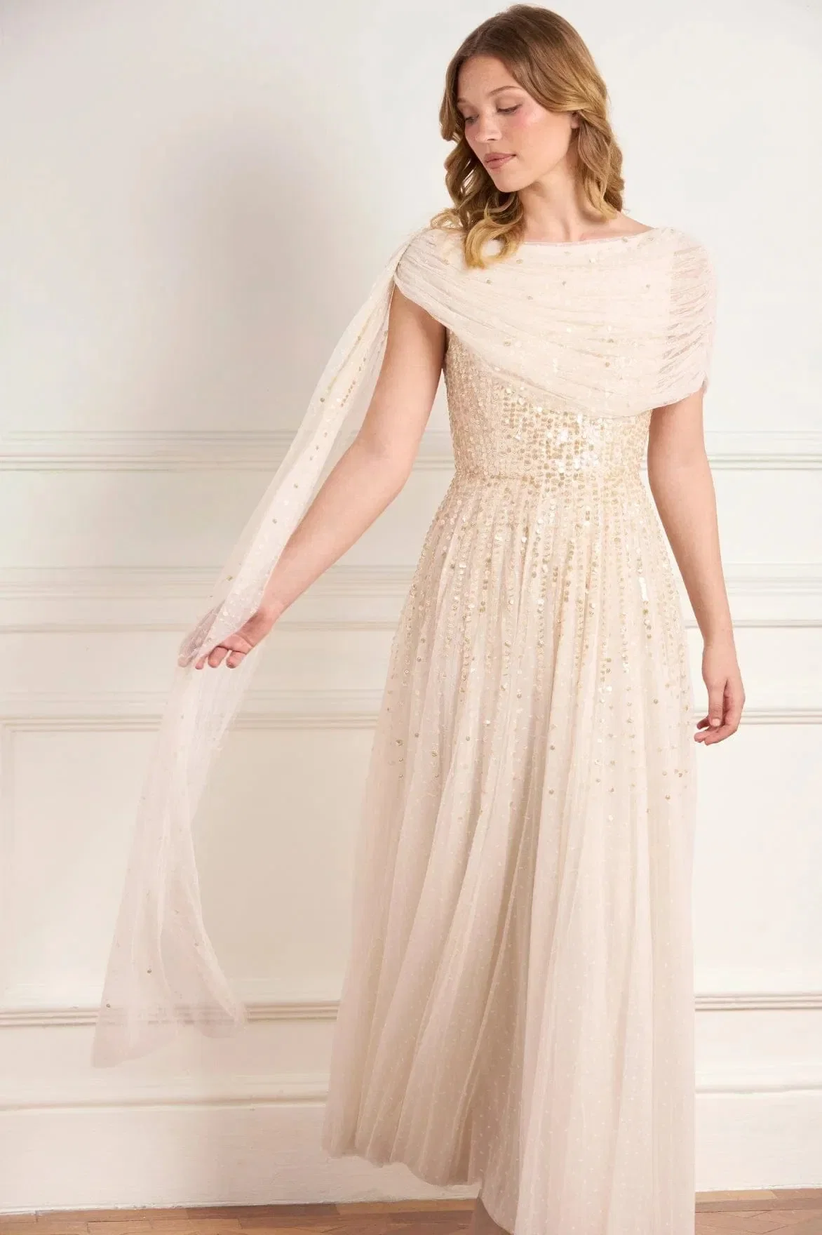 Needle & Thread Moonlight Sequins Draped Evening Dress in Gold