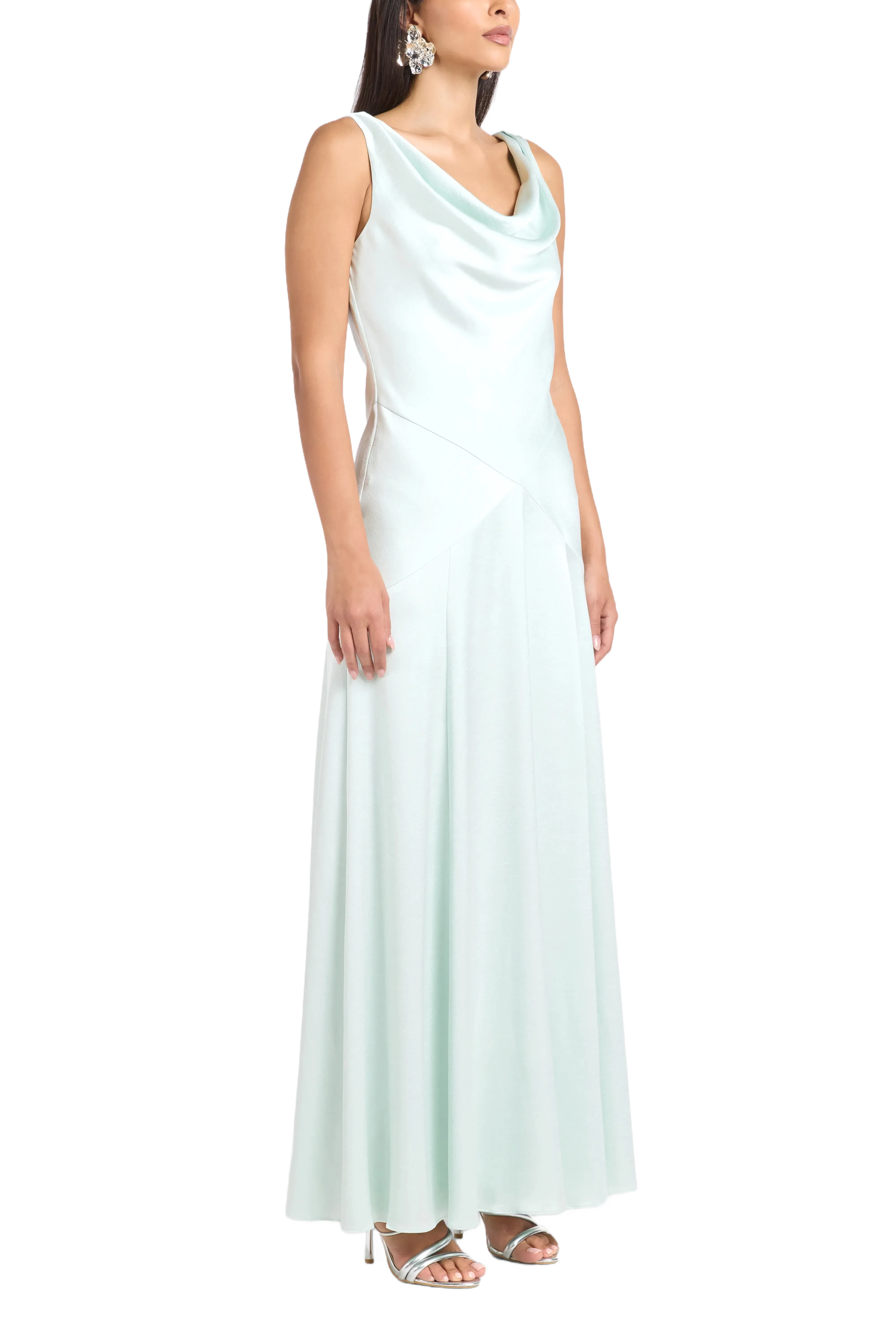 Needle & Thread Evangeline Satin Cowl Neck Evening Dress in Green