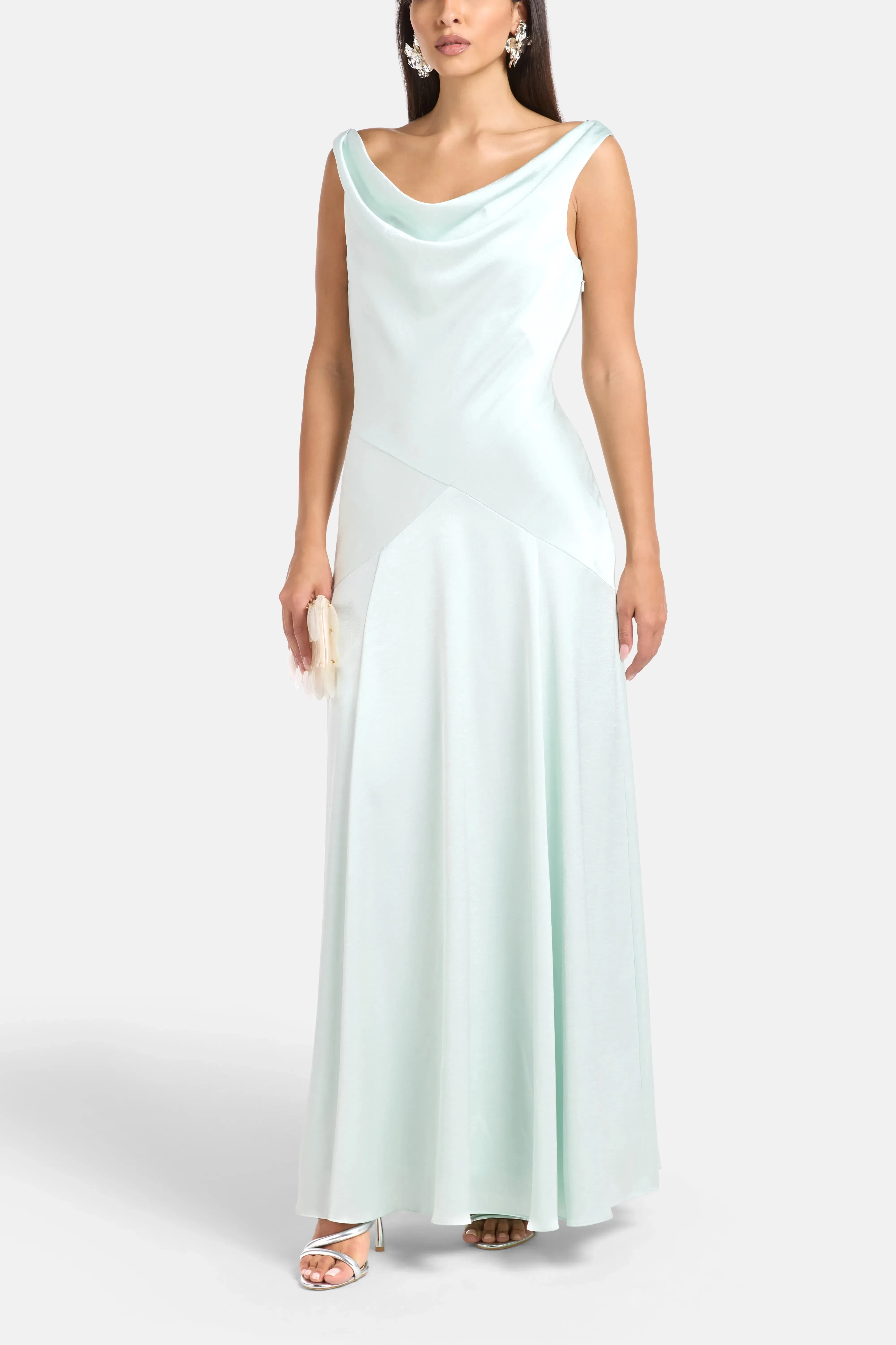 Needle & Thread Evangeline Satin Cowl Neck Evening Dress in Green