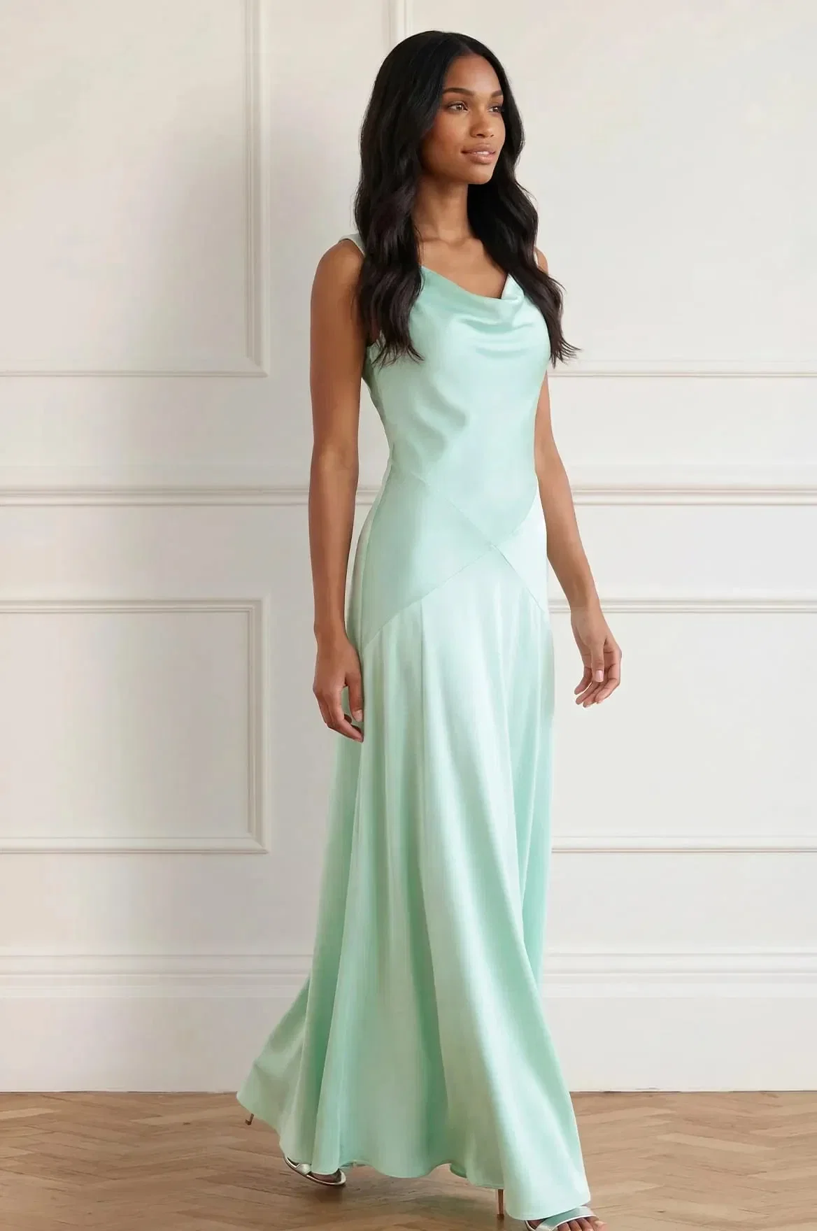 Needle & Thread Evangeline Satin Cowl Neck Evening Dress in Green