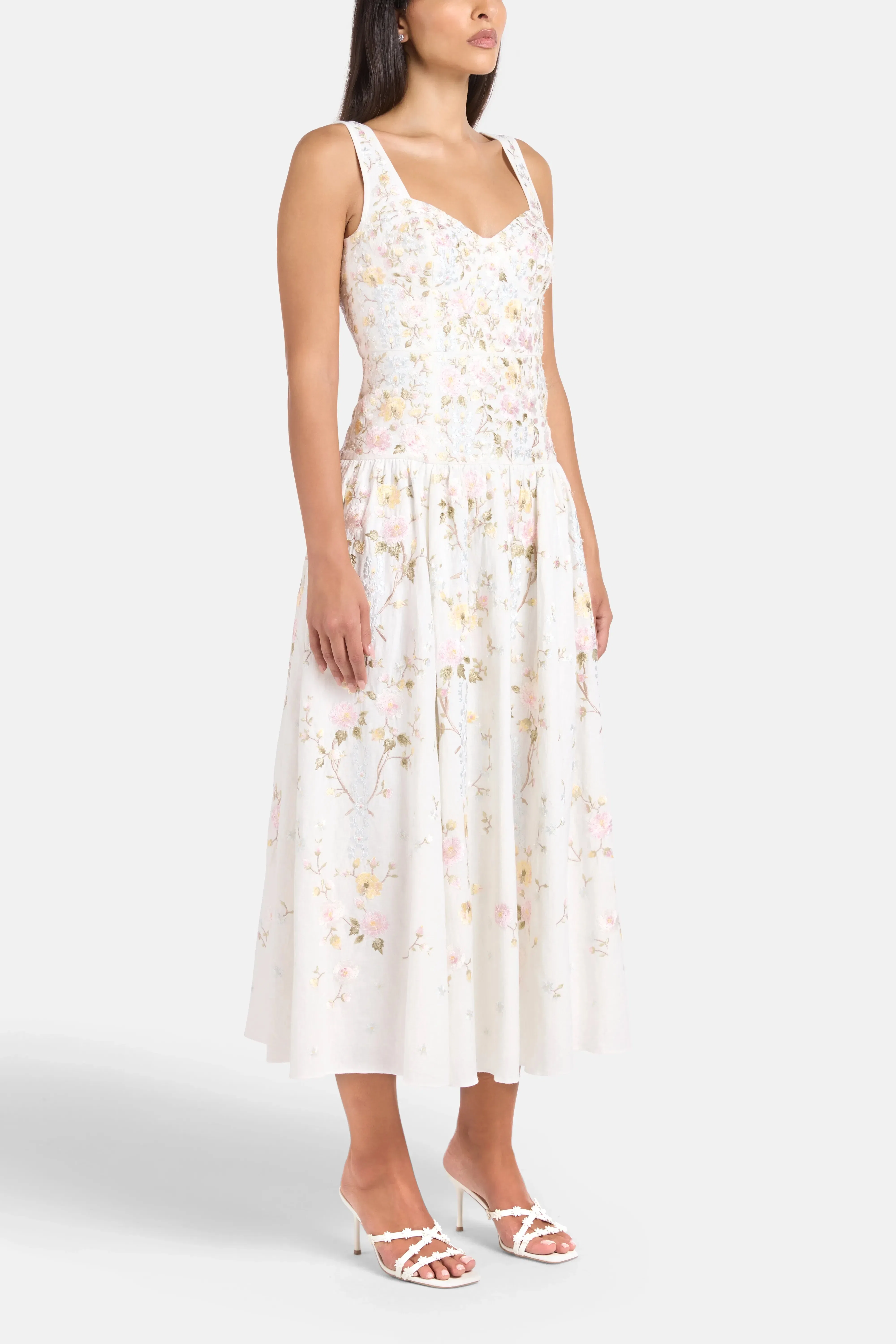 Needle & Thread Garden Rose Linen Blend Sleeveless Floral Evening Dress in White
