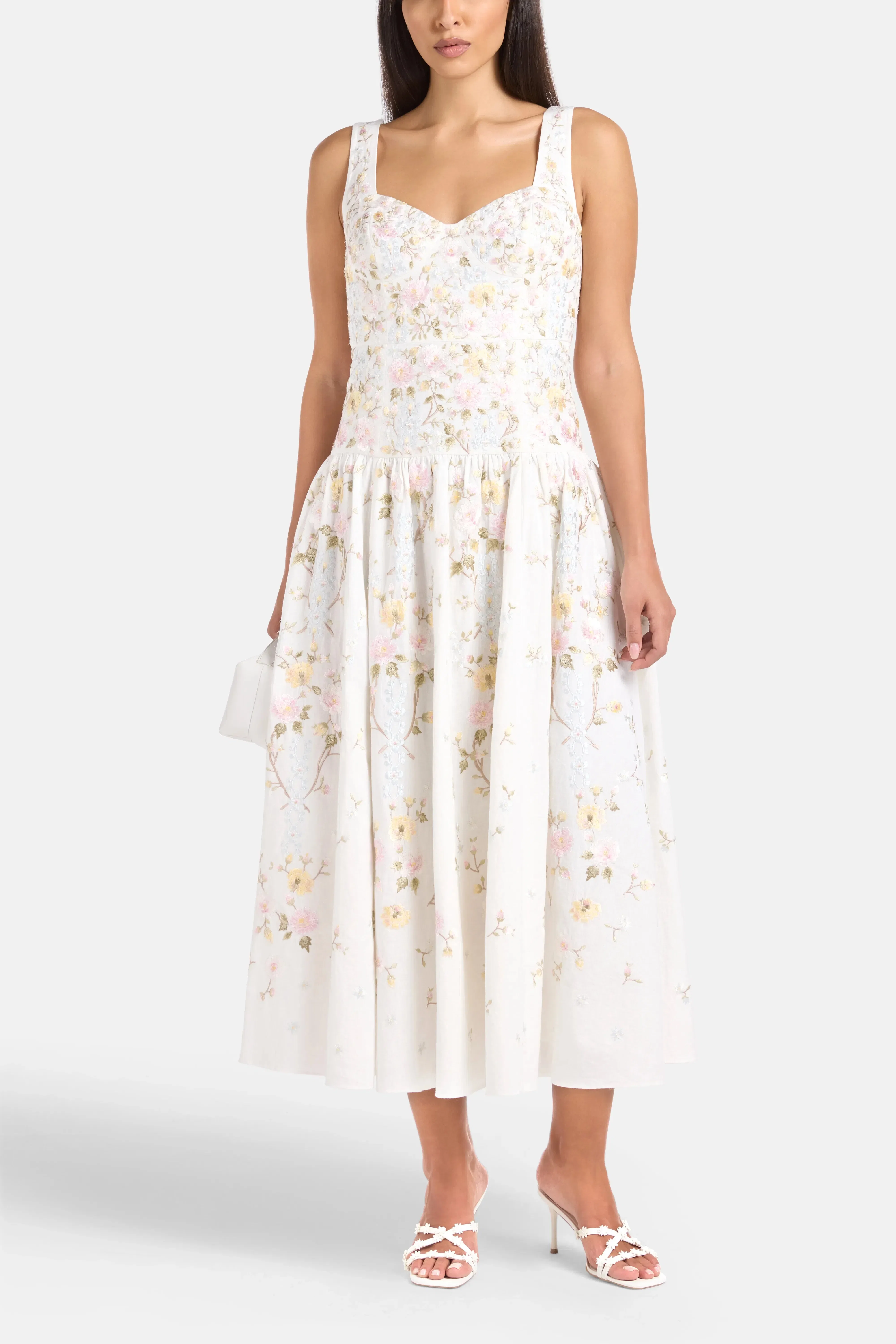 Needle & Thread Garden Rose Linen Blend Sleeveless Floral Evening Dress in White
