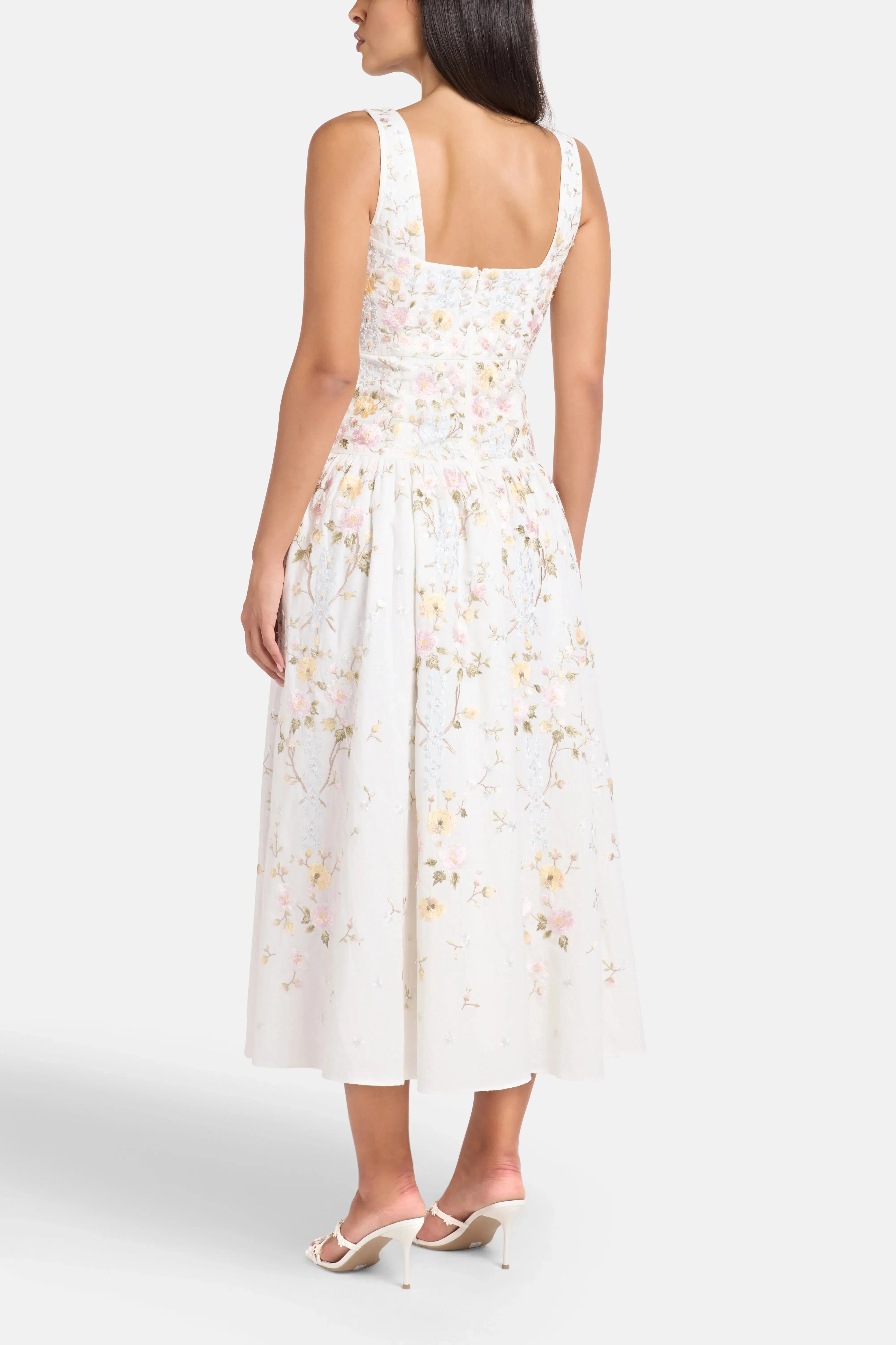 Needle & Thread Garden Rose Linen Blend Sleeveless Floral Evening Dress in White