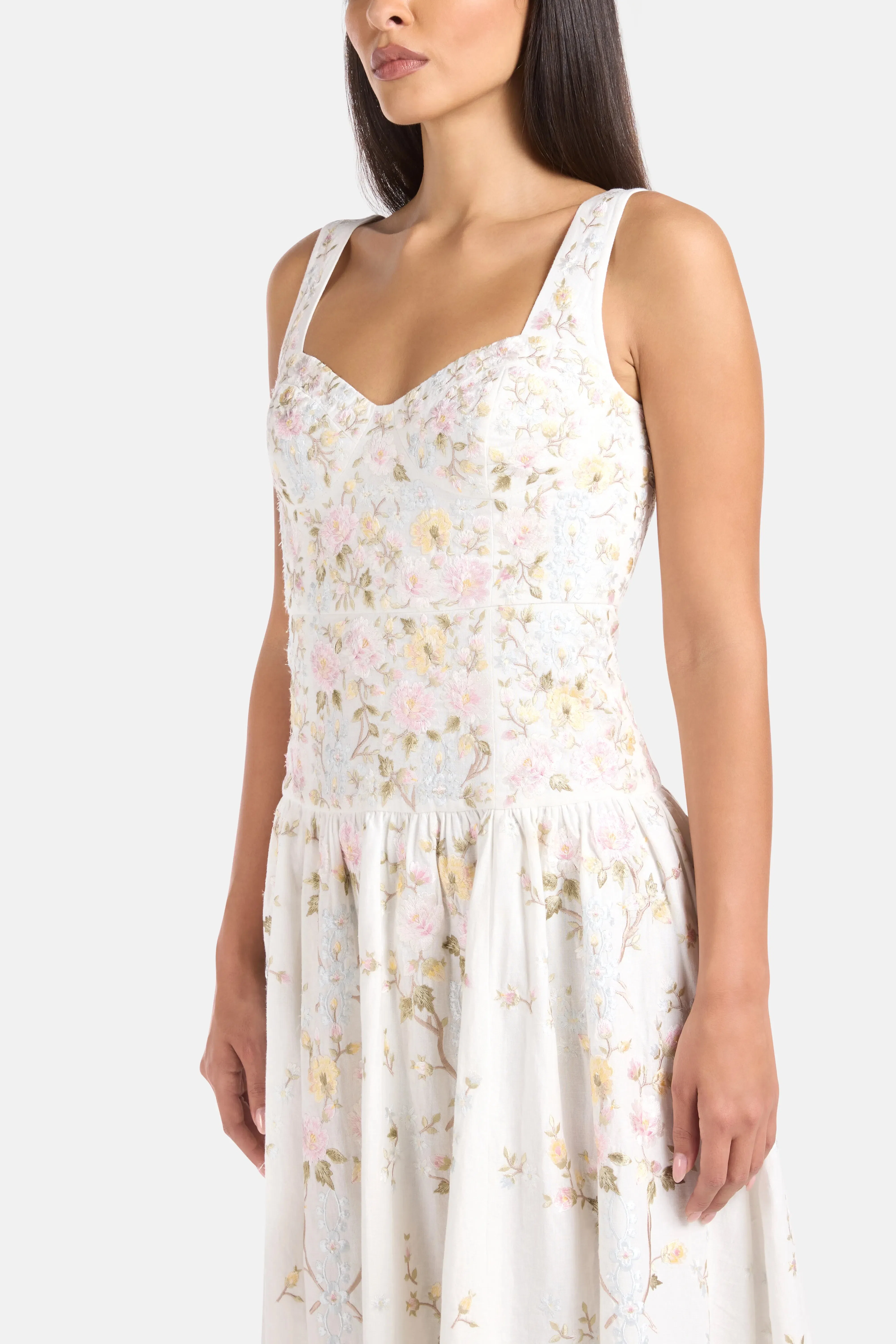Needle & Thread Garden Rose Linen Blend Sleeveless Floral Evening Dress in White
