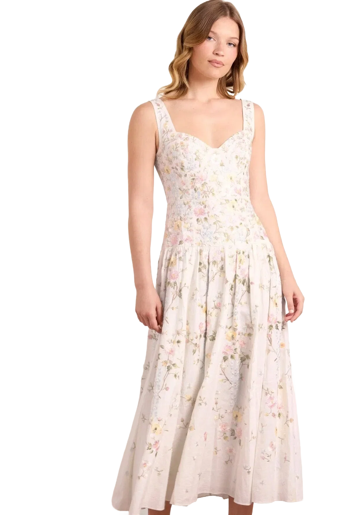 Needle & Thread Garden Rose Linen Blend Sleeveless Floral Evening Dress in White