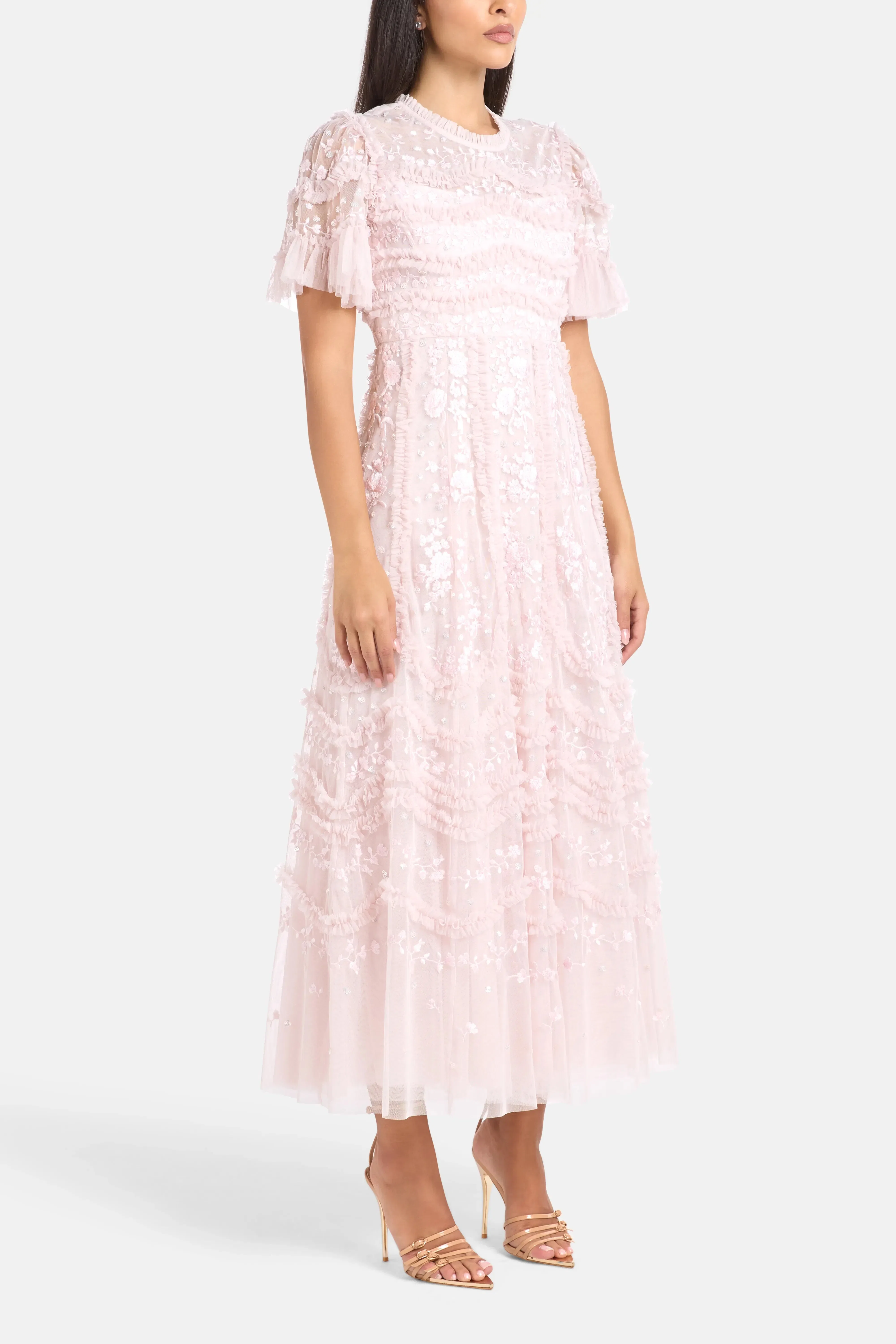 Needle & Thread Gianna Ruffles Floral Sequins Evening Dress in Pink