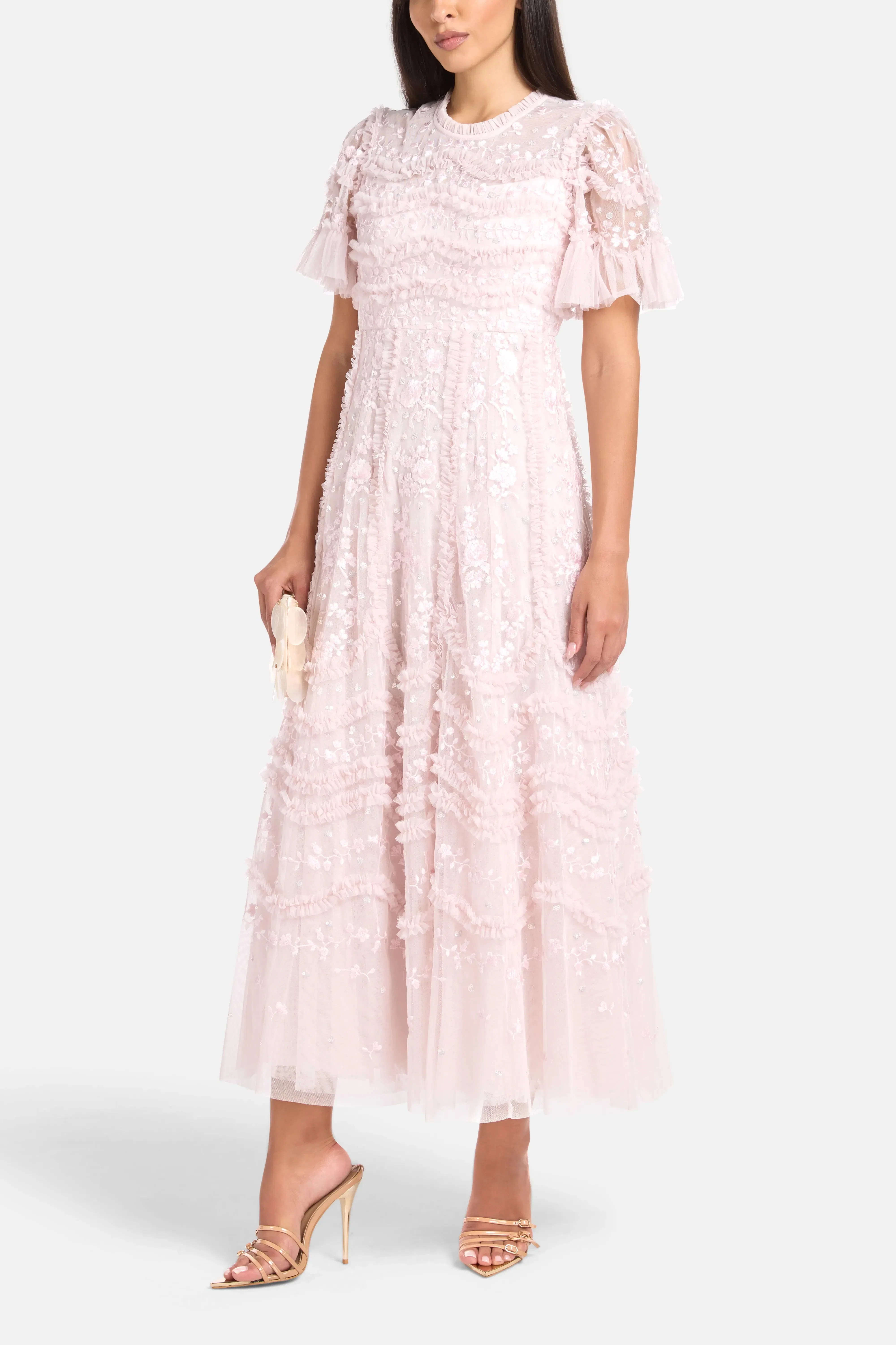 Needle & Thread Gianna Ruffles Floral Sequins Evening Dress in Pink