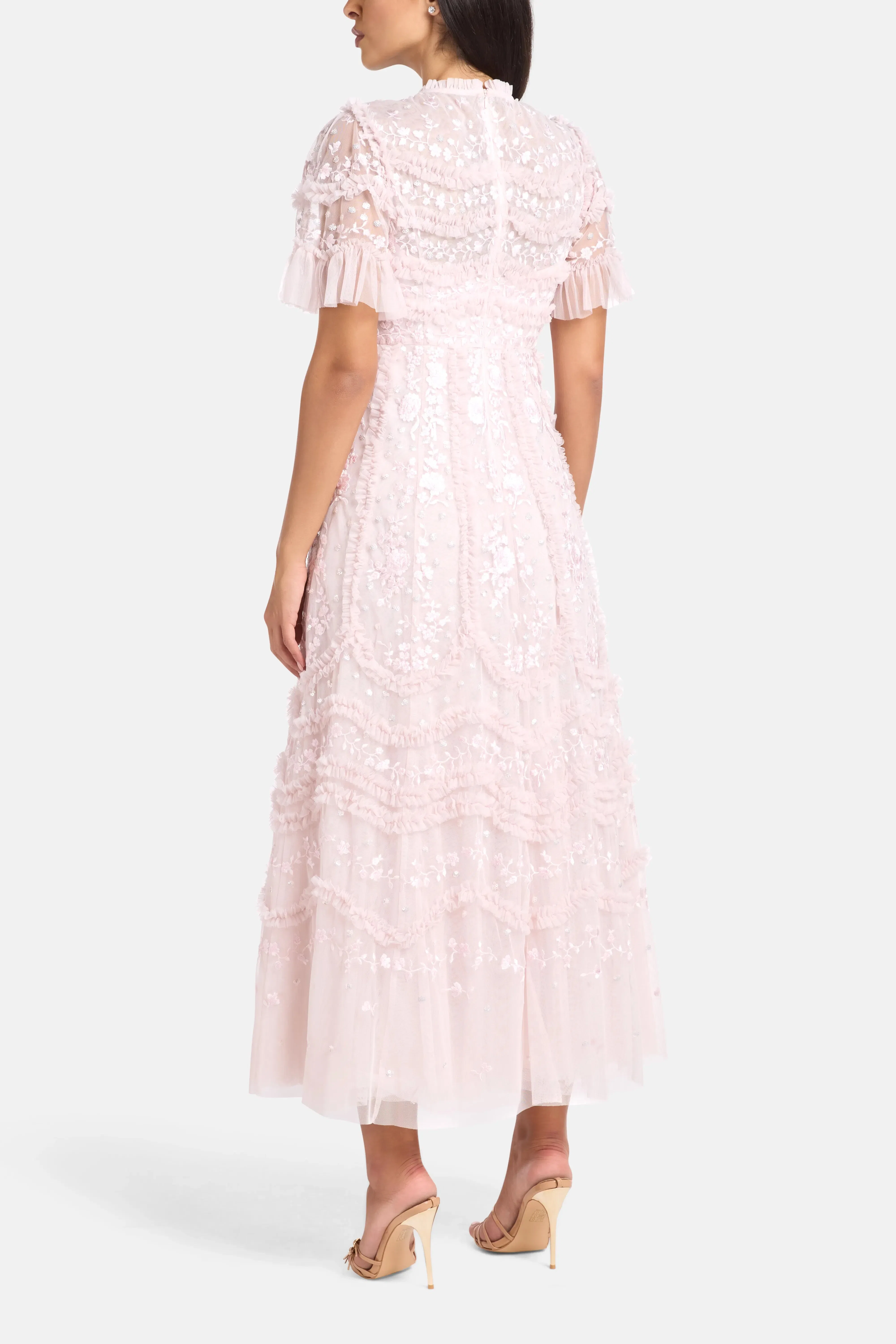 Needle & Thread Gianna Ruffles Floral Sequins Evening Dress in Pink