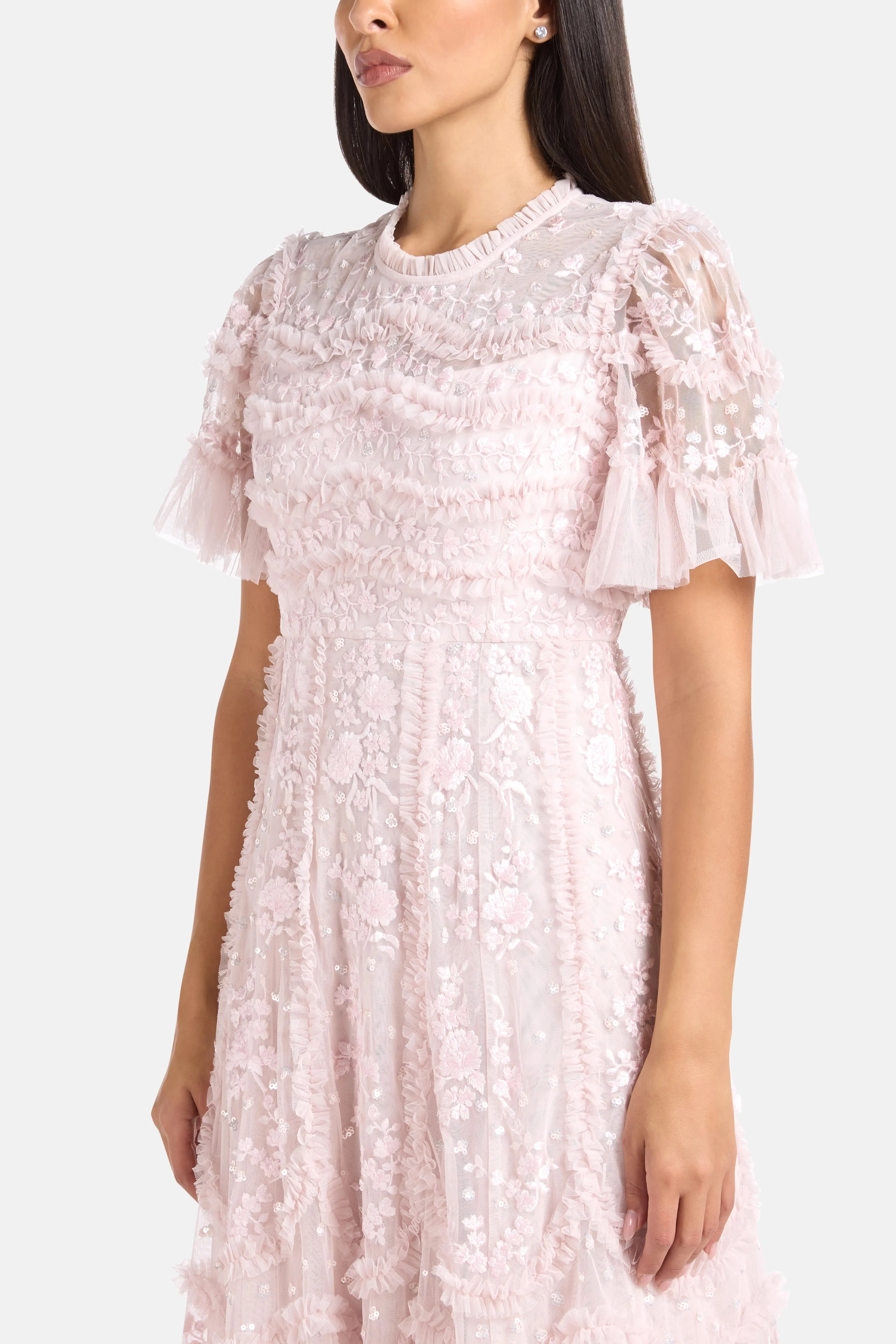Needle & Thread Gianna Ruffles Floral Sequins Evening Dress in Pink