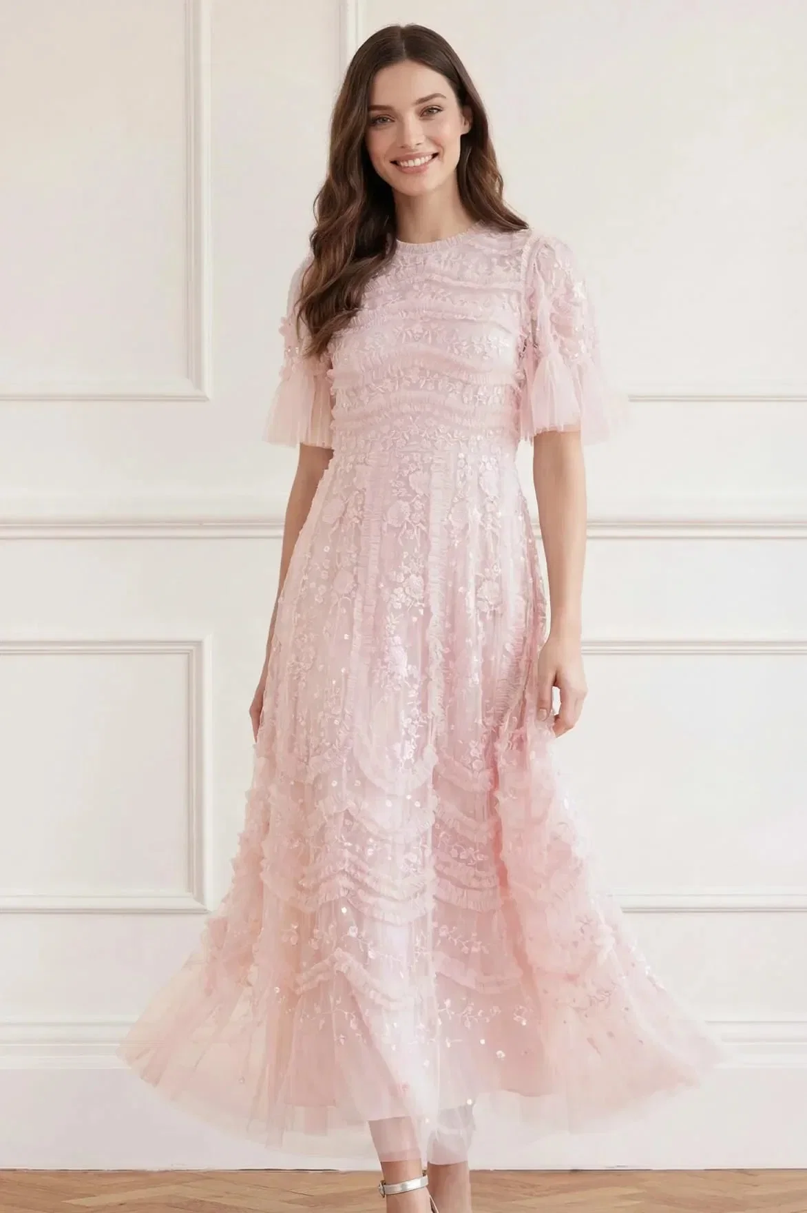 Needle & Thread Gianna Ruffles Floral Sequins Evening Dress in Pink