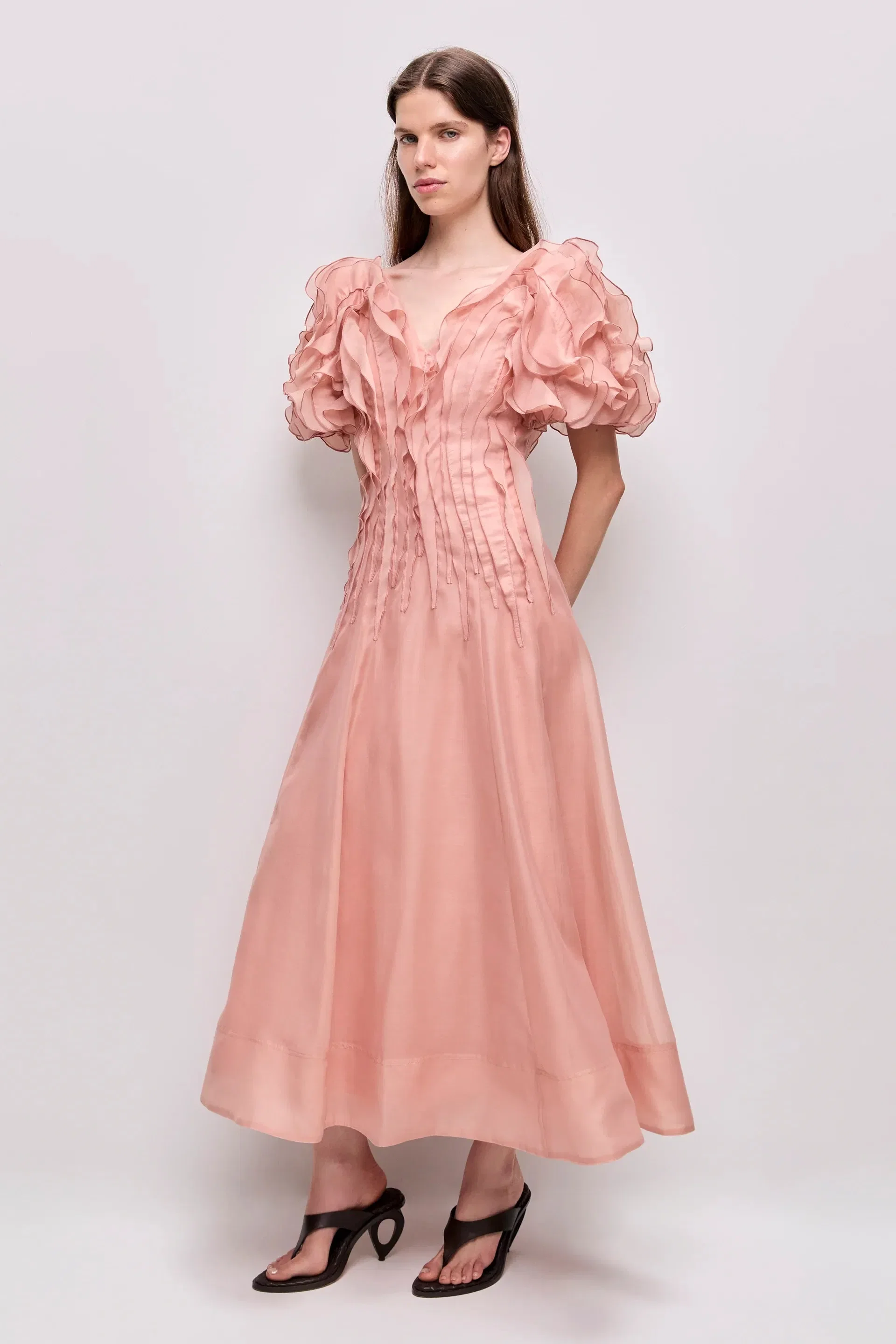 Aje Seraphina Puff Sleeves Midi Dress in Pink