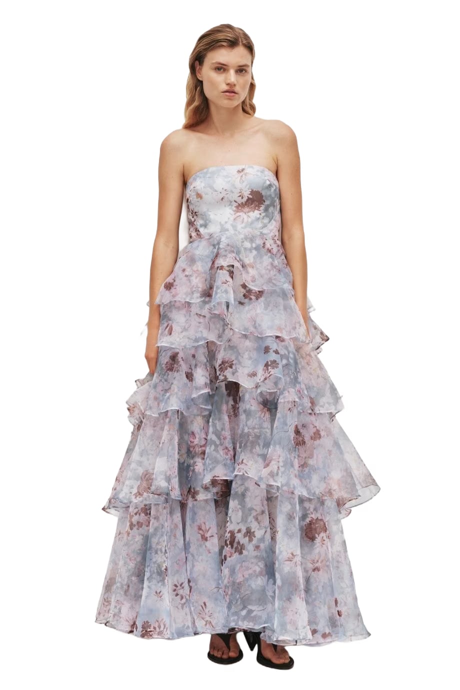 Aje Gabriella Linen Blend Strapless Floral Maxi Dress in Blue