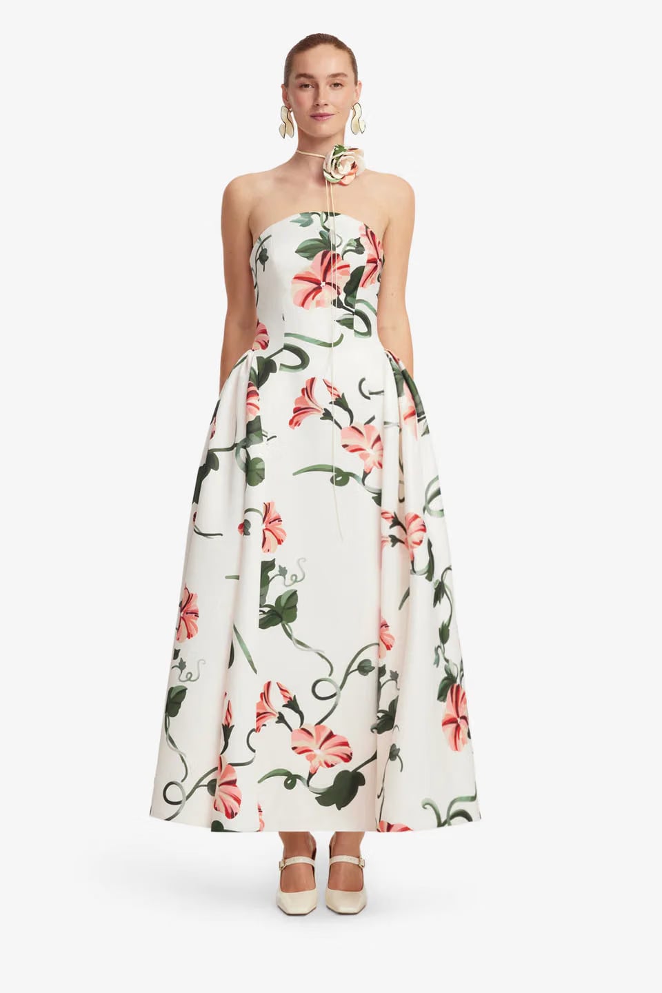 Leo Lin Violet Bustier Floral Maxi Dress in White with Neck Tie