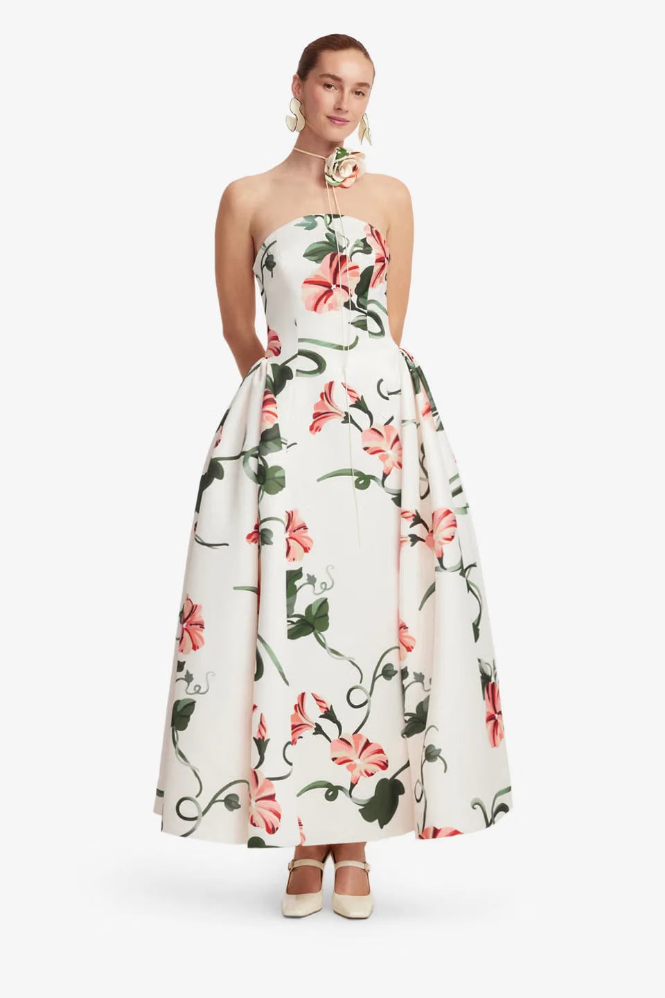 Leo Lin Violet Bustier Floral Maxi Dress in White with Neck Tie