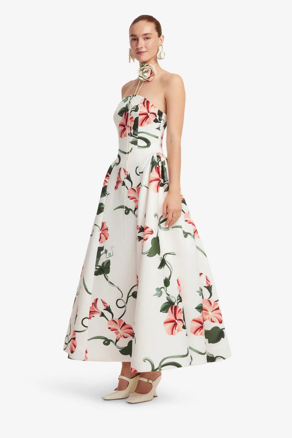 Leo Lin Violet Bustier Floral Maxi Dress in White with Neck Tie