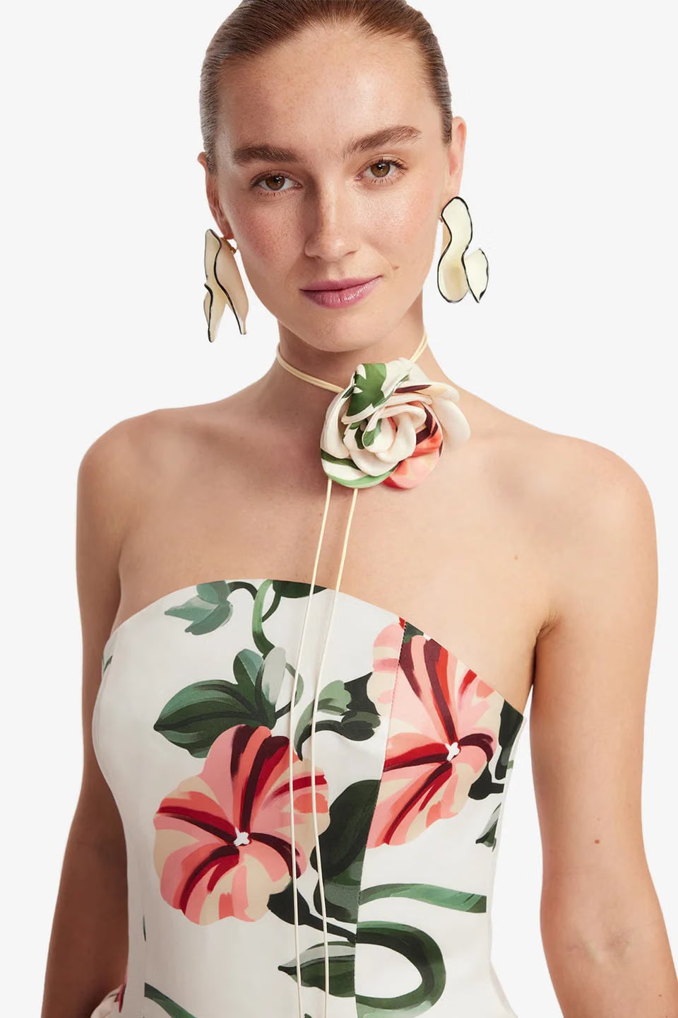 Leo Lin Violet Bustier Floral Maxi Dress in White with Neck Tie