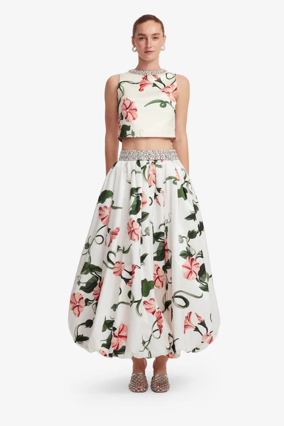 Leo Lin Victoria Floral Embellished Voluminous Maxi Skirt in White
