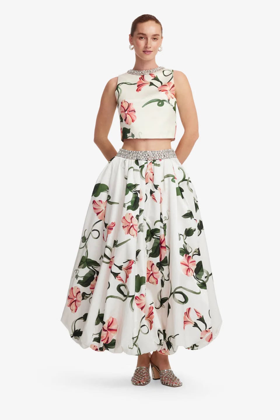 Leo Lin Victoria Floral Embellished Voluminous Maxi Skirt in White
