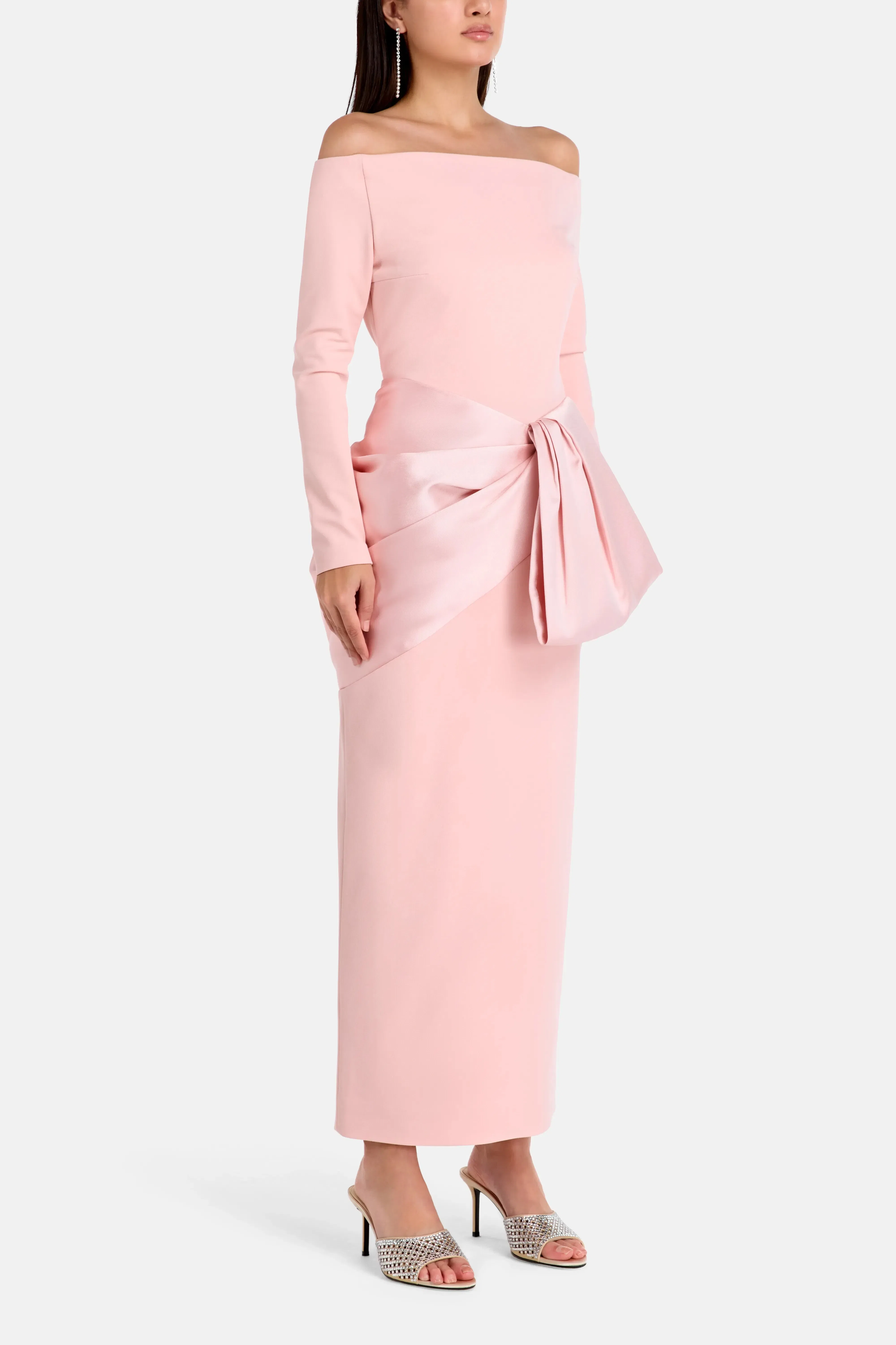 Solace London Rhianne Midaxi Off Shoulder Evening Dress in Pink