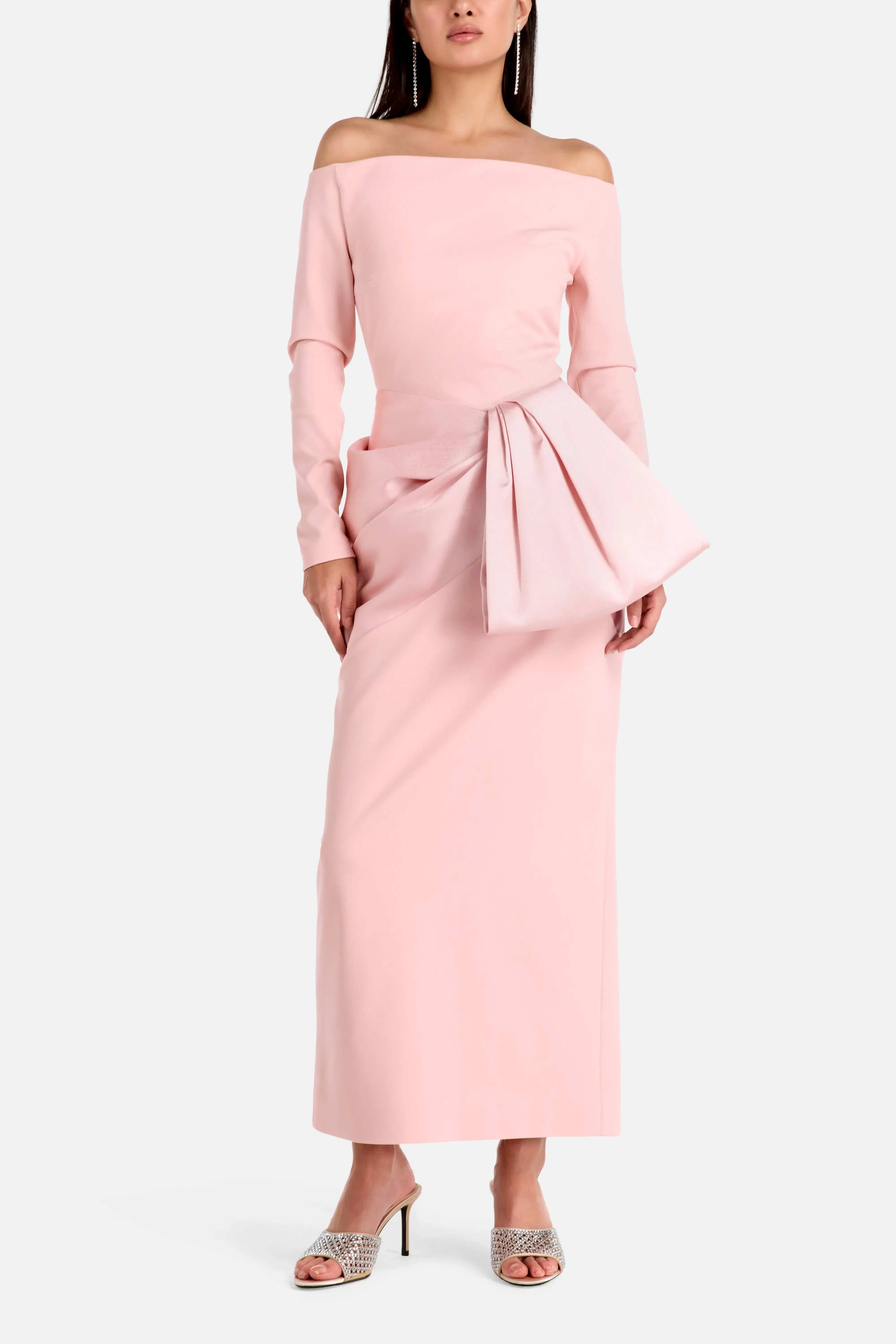 Solace London Rhianne Midaxi Off Shoulder Evening Dress in Pink