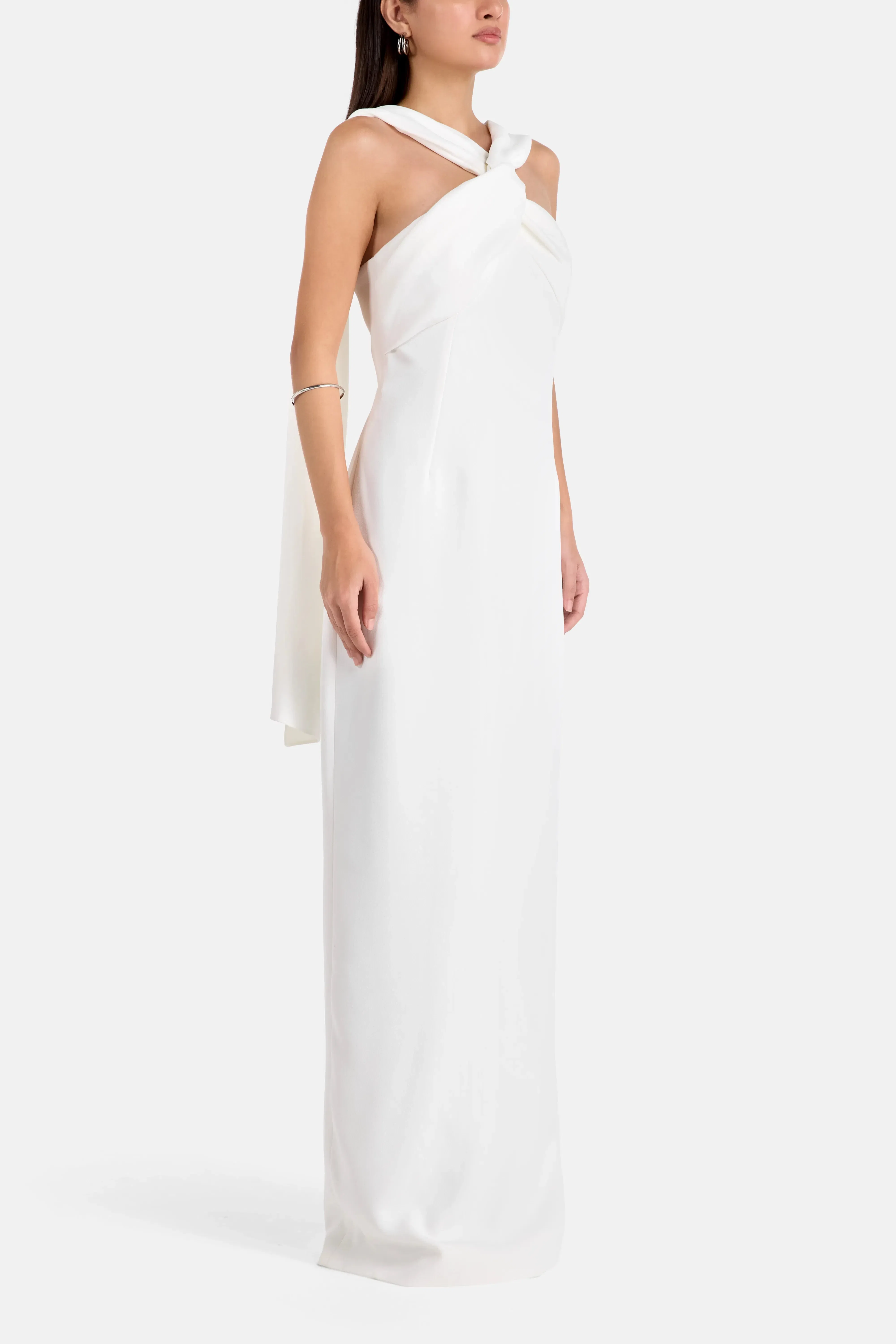 Solace London Rona Halter Neck Sleeveless Evening Dress in White with Scarf