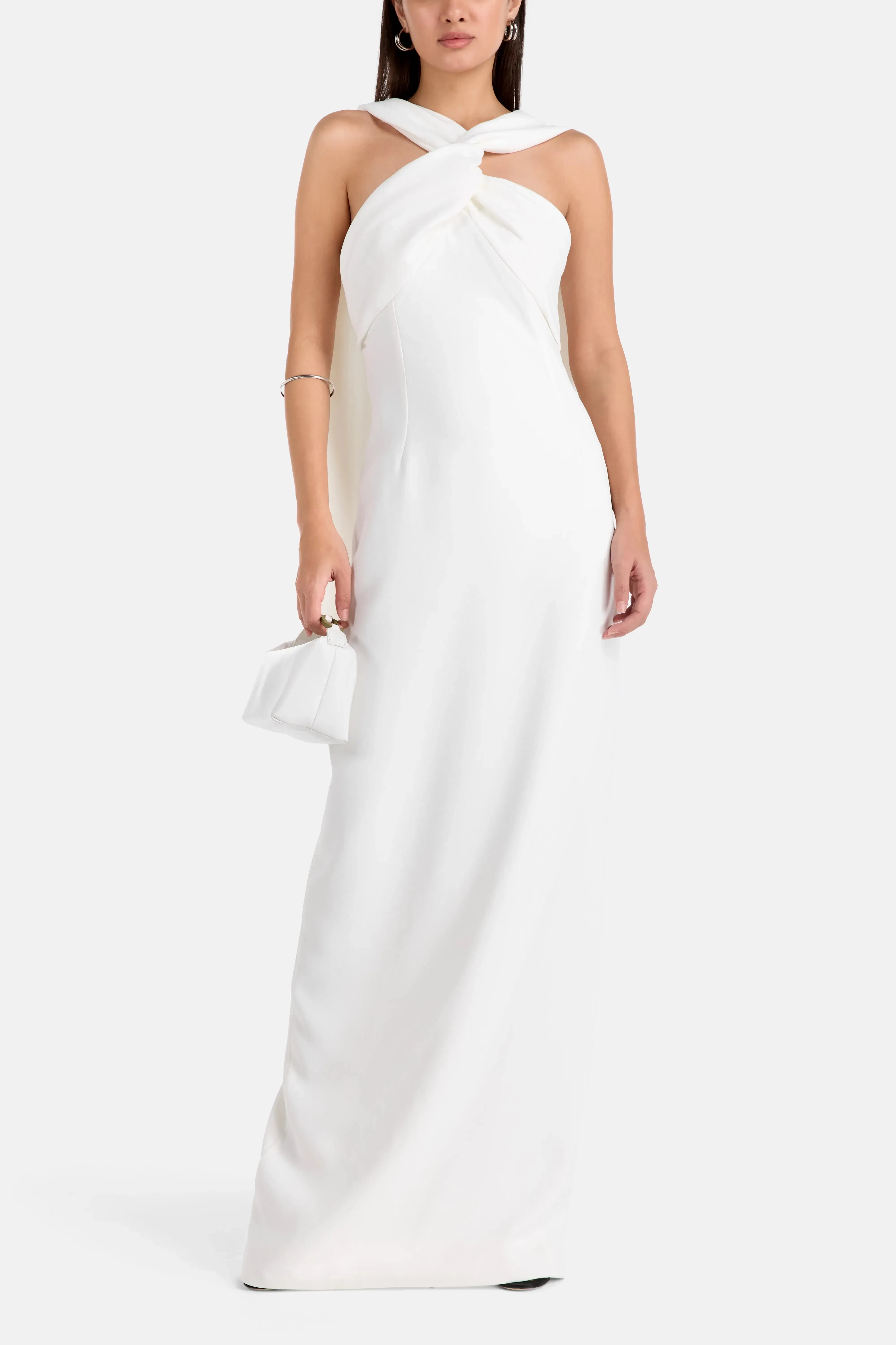 Solace London Rona Halter Neck Sleeveless Evening Dress in White with Scarf
