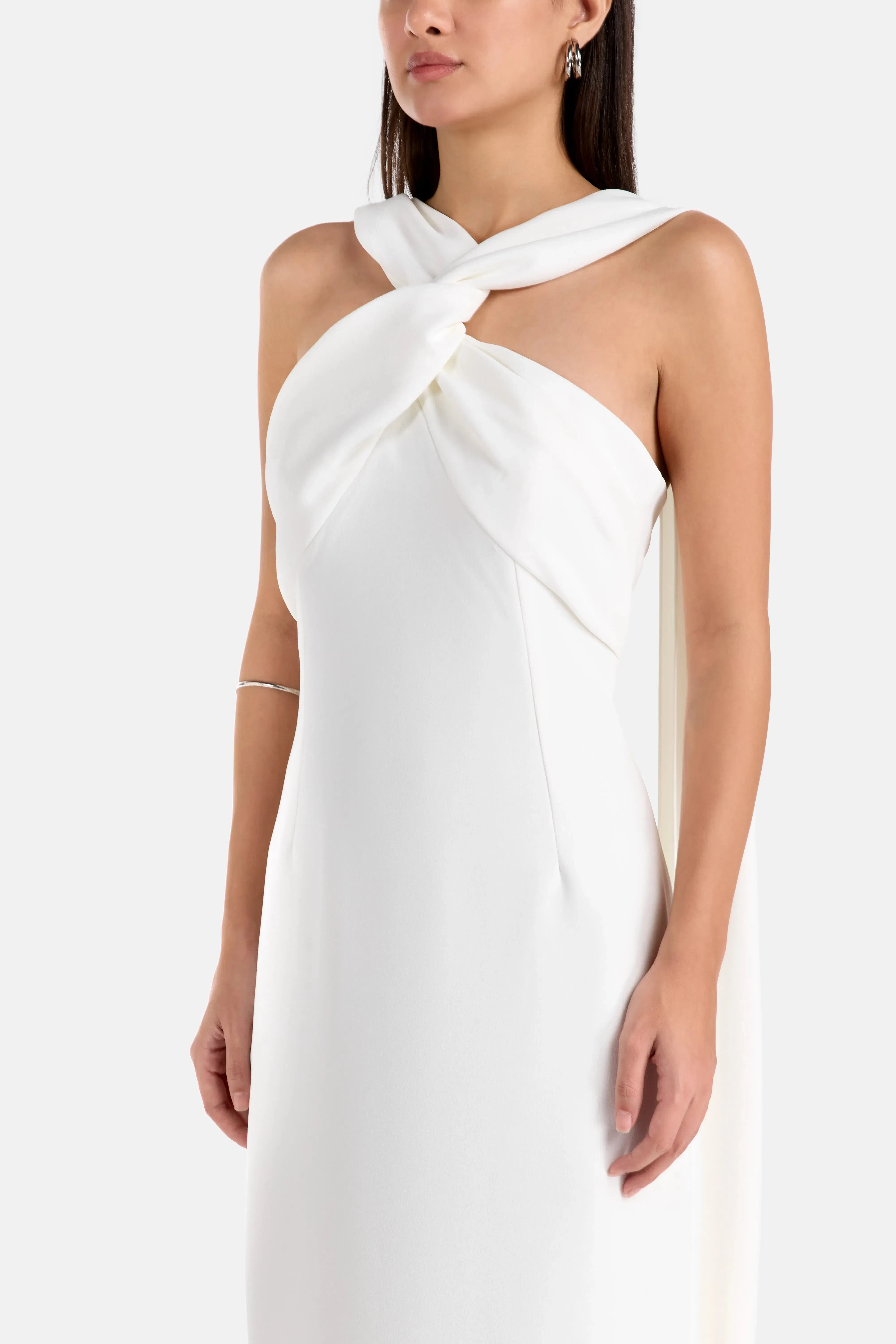Solace London Rona Halter Neck Sleeveless Evening Dress in White with Scarf