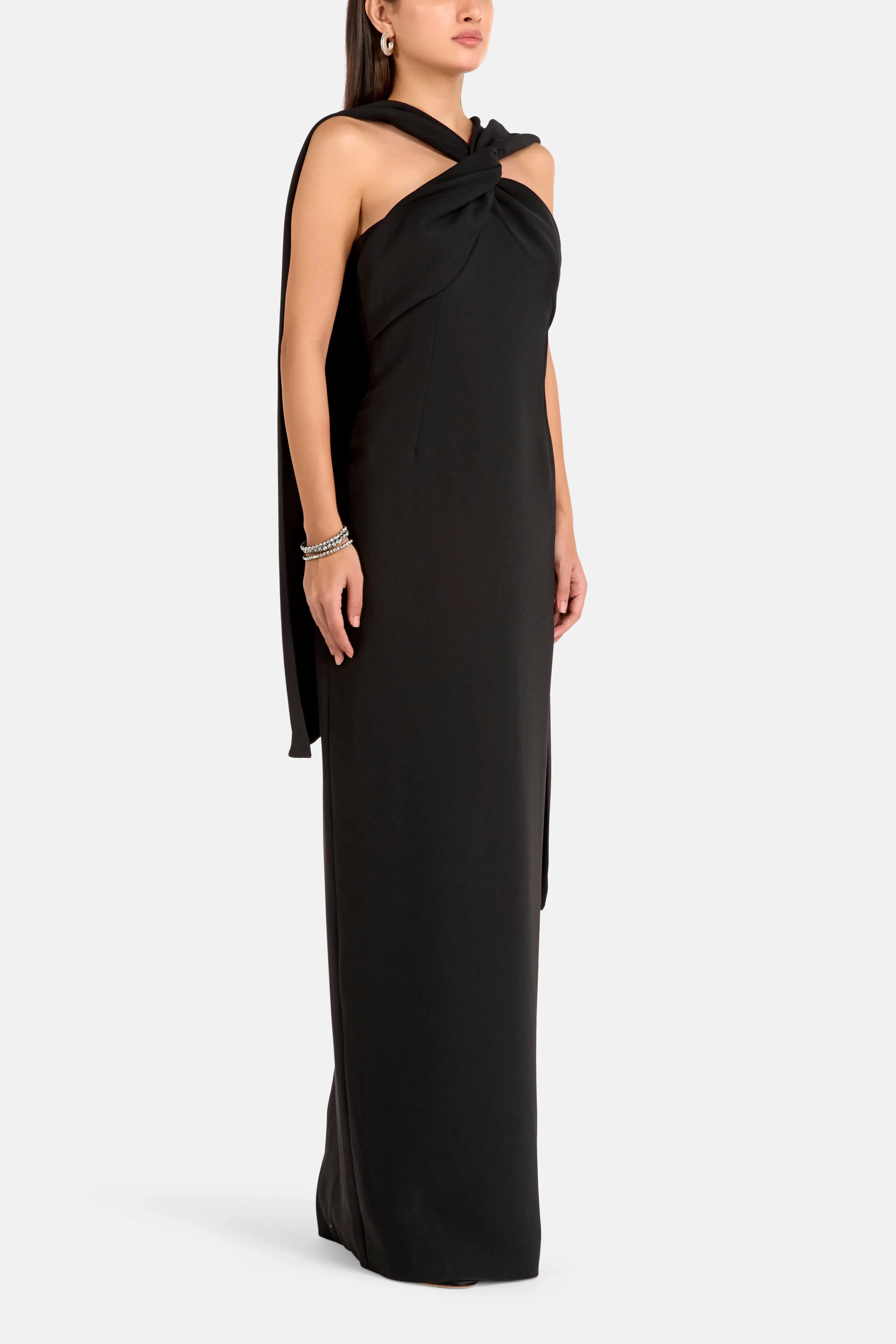 Solace London Rona Halter Neck Sleeveless Evening Dress in Black with Scarf