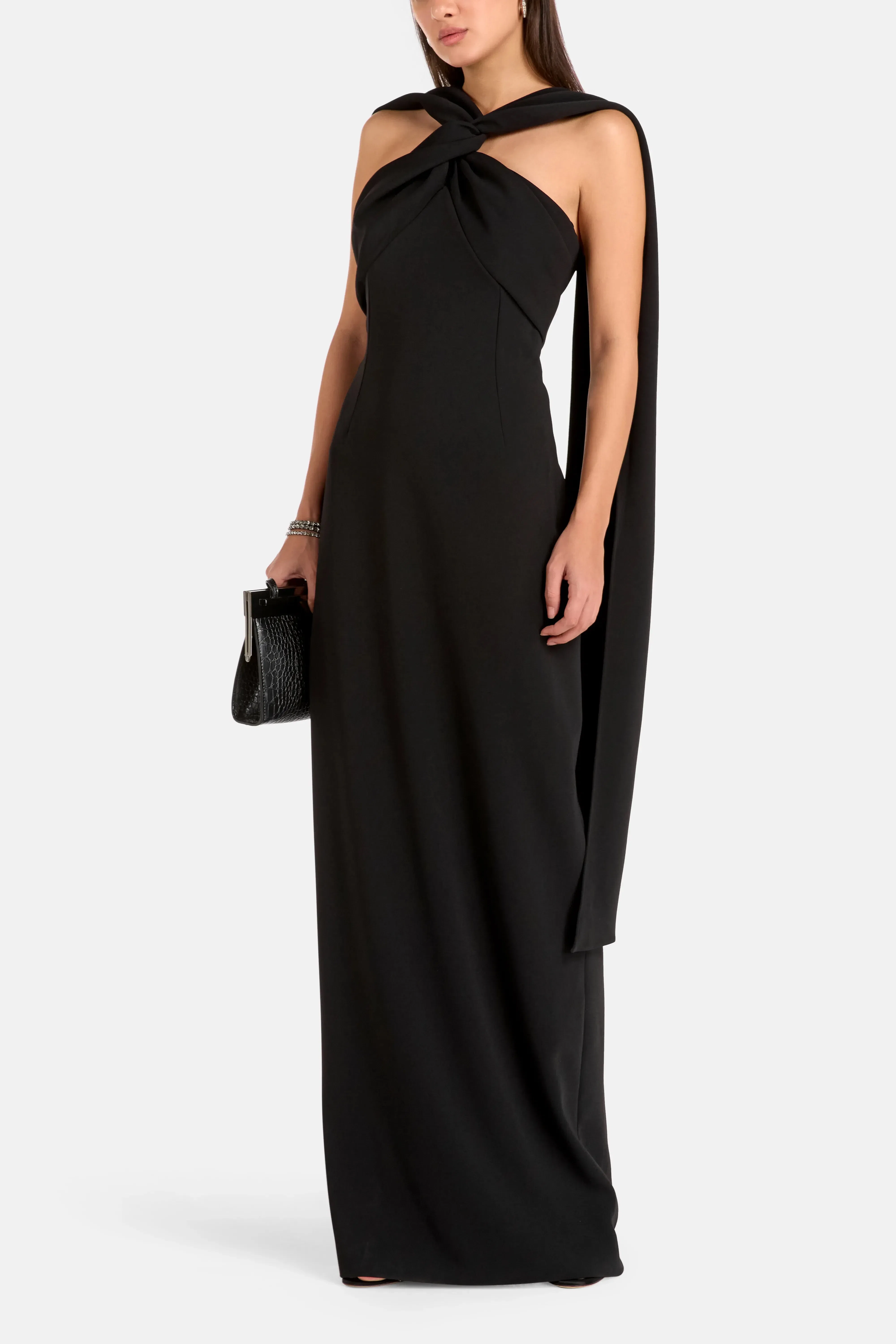 Solace London Rona Halter Neck Sleeveless Evening Dress in Black with Scarf