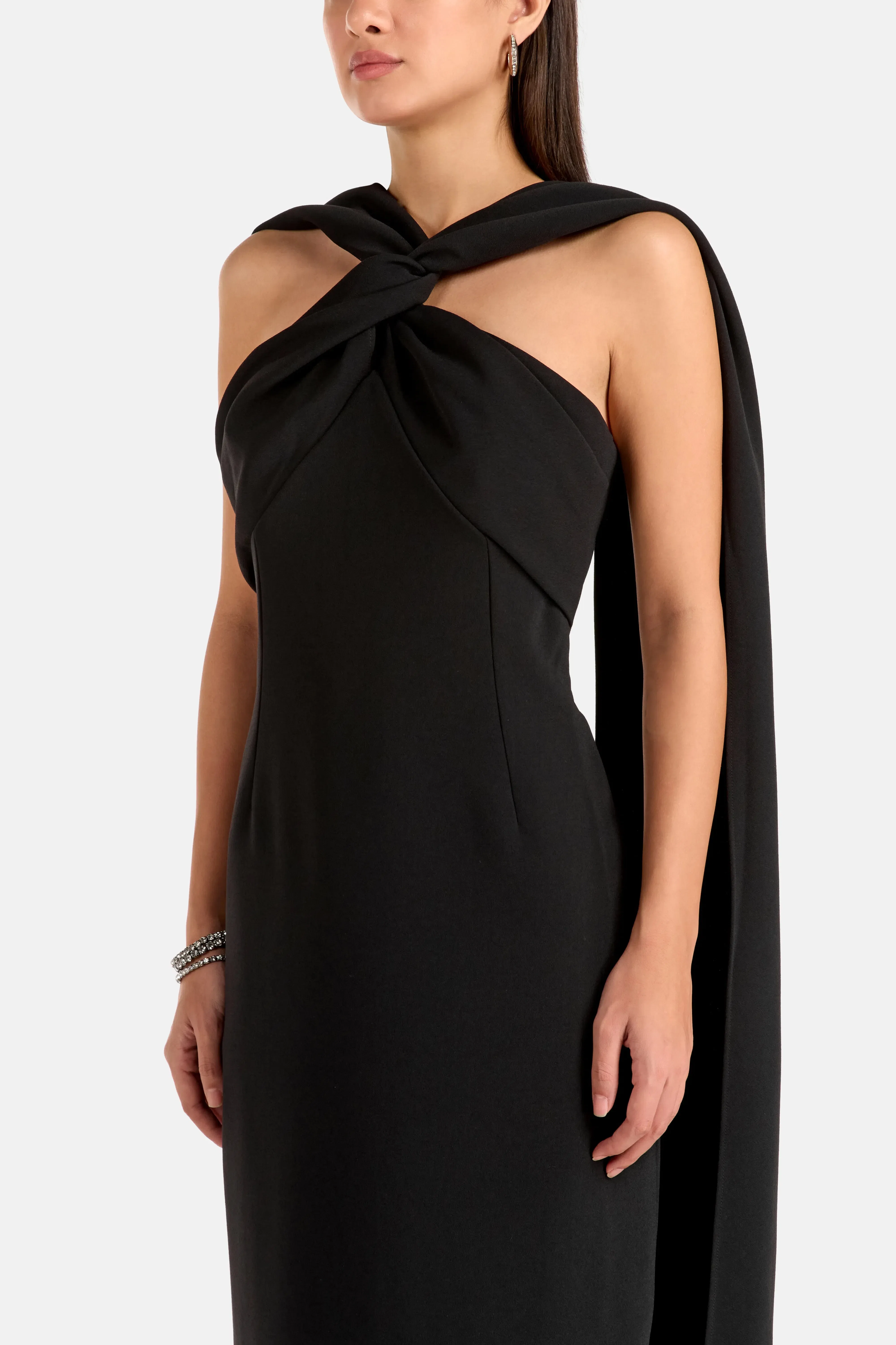 Solace London Rona Halter Neck Sleeveless Evening Dress in Black with Scarf