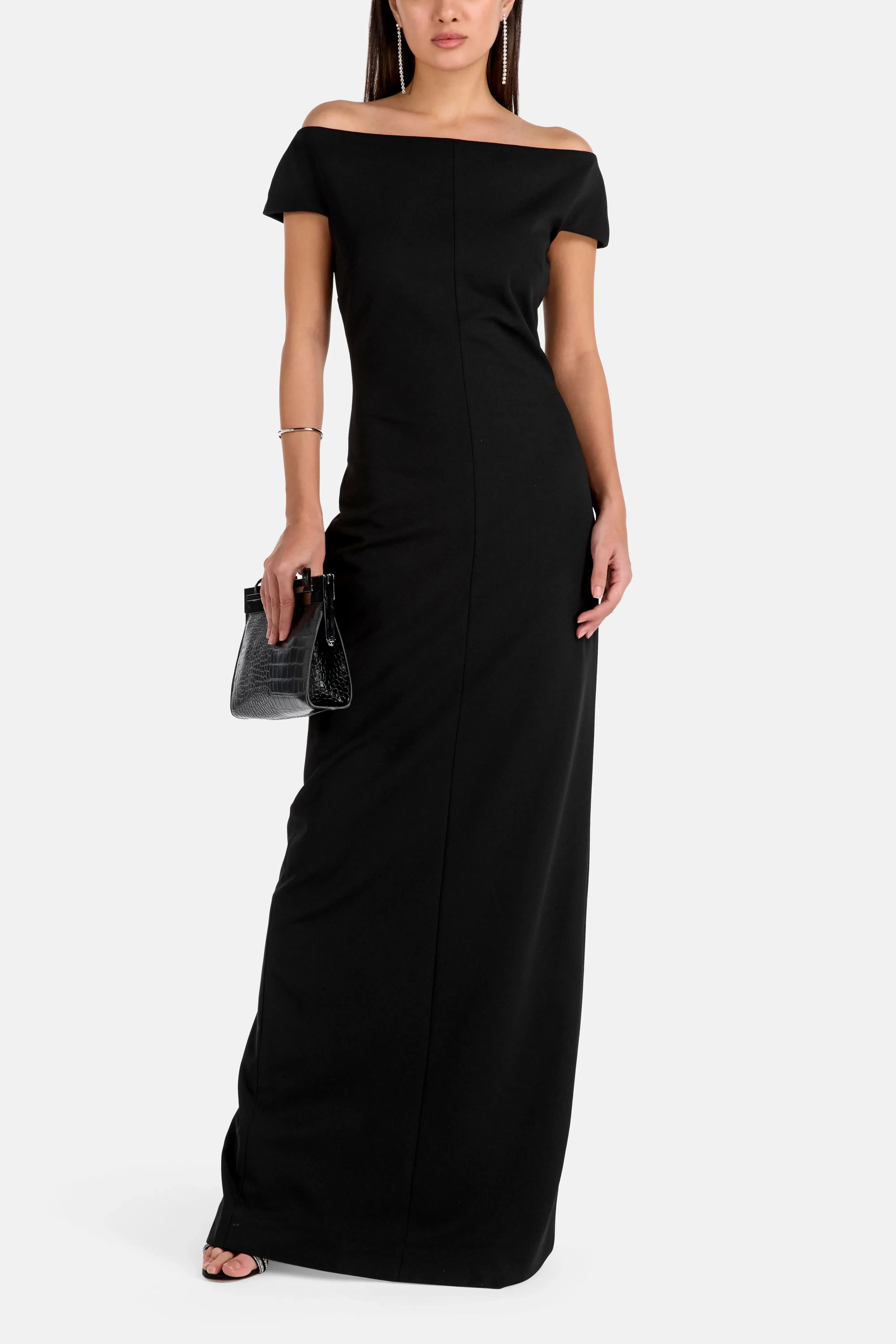 Solace London Kyra Off Shoulder Evening Dress in Black