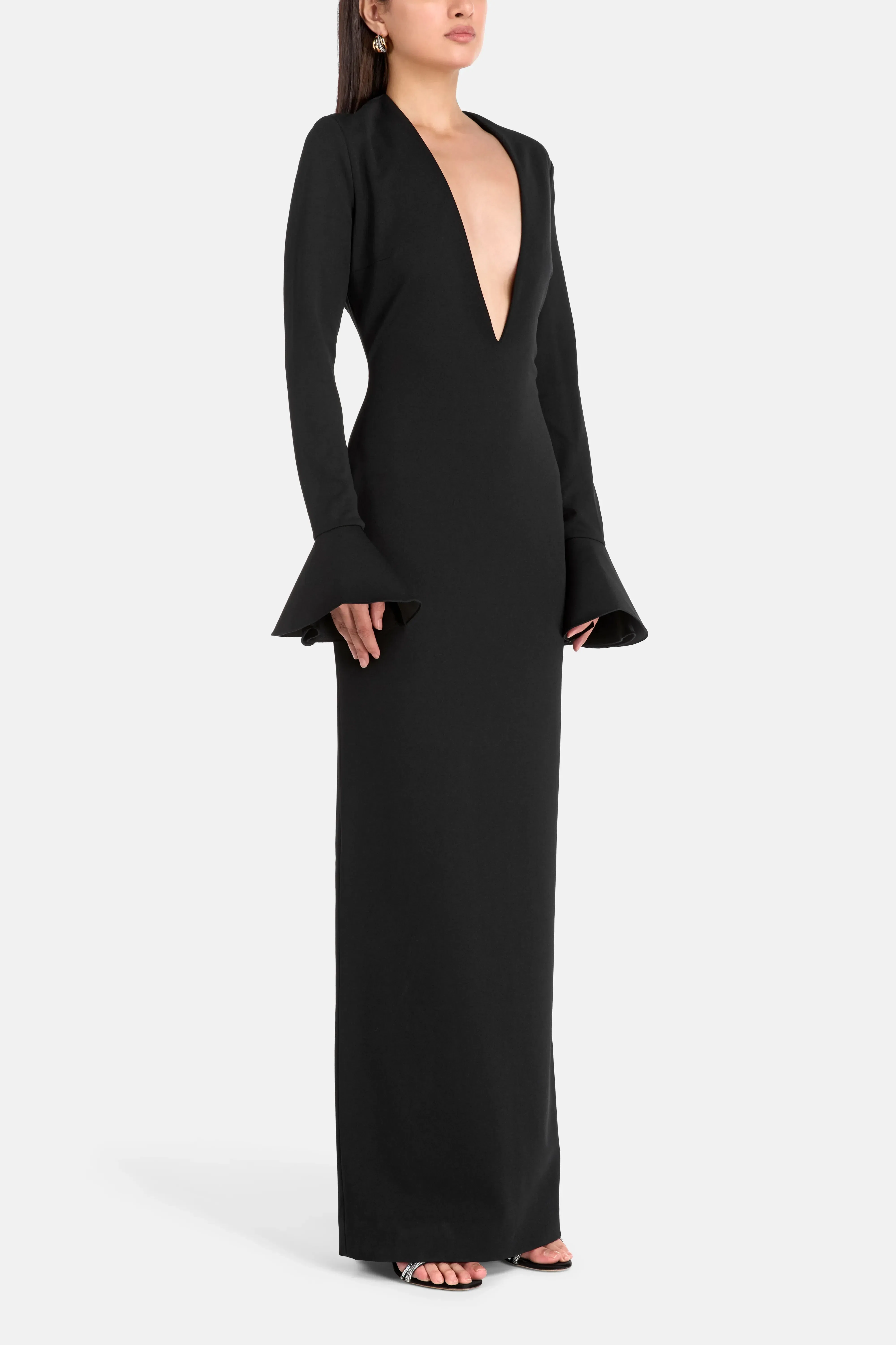 Solace London Hutton Long Sleeves Deep V Neck Evening Dress in Black