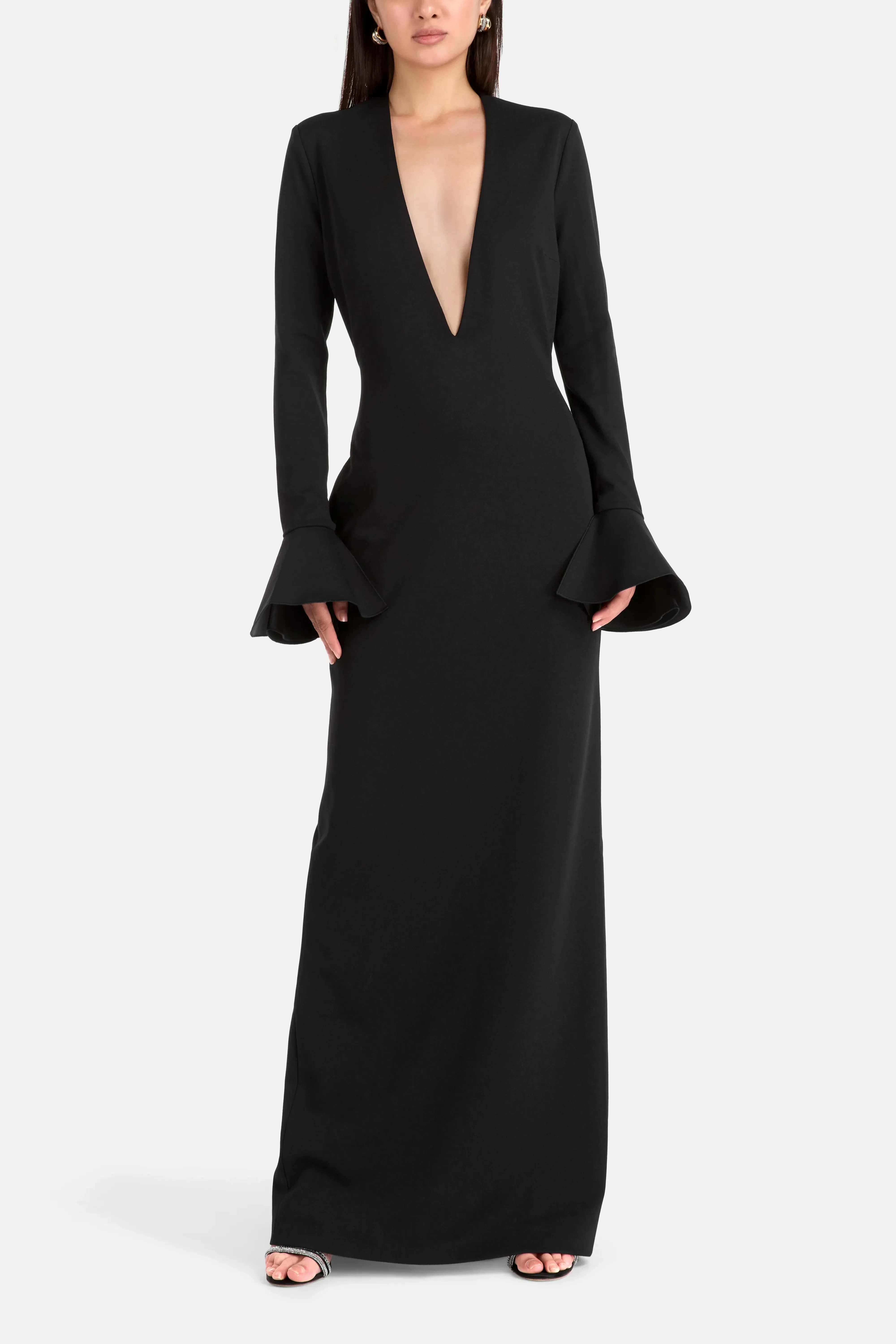 Solace London Hutton Long Sleeves Deep V Neck Evening Dress in Black
