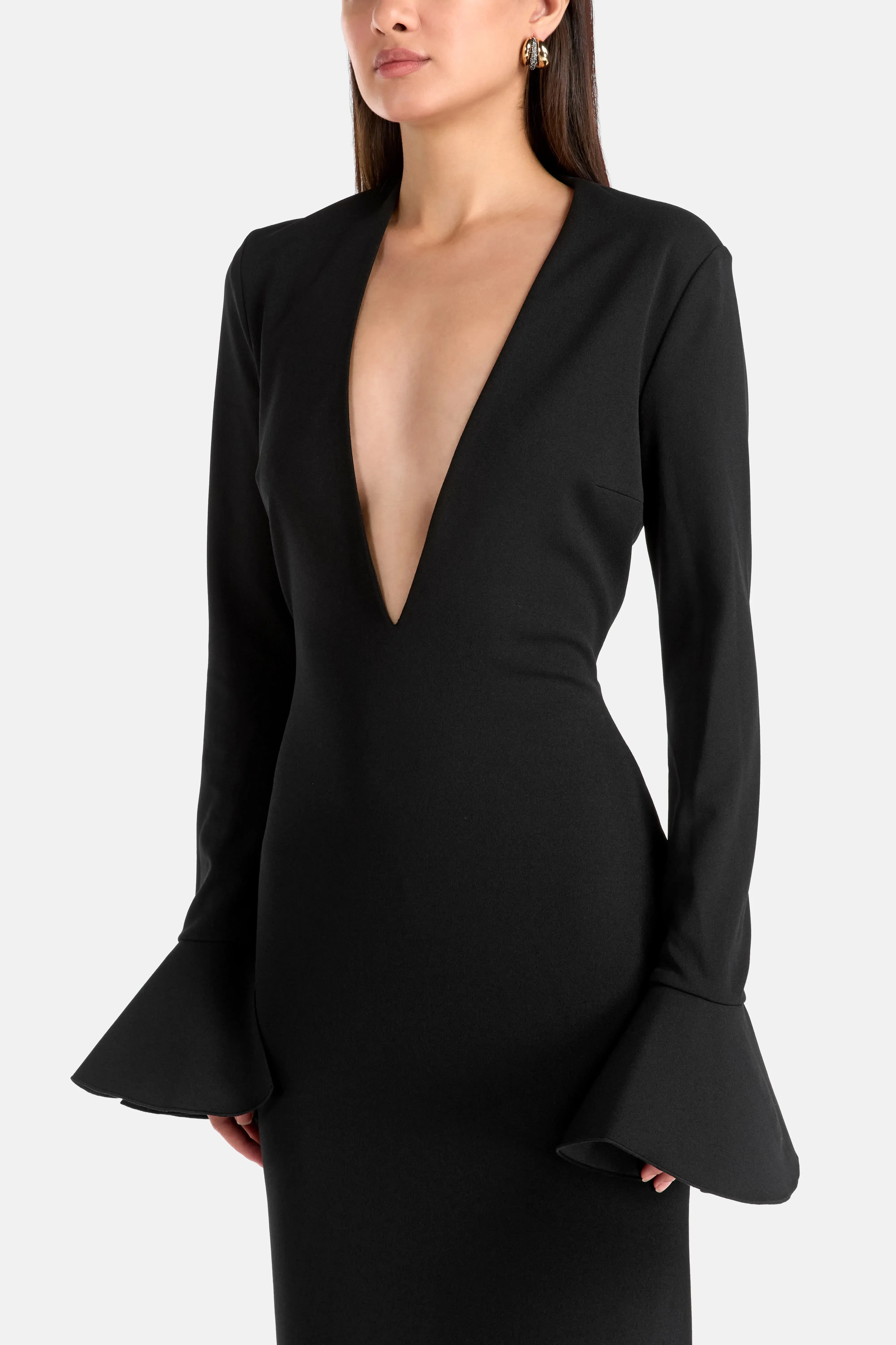 Solace London Hutton Long Sleeves Deep V Neck Evening Dress in Black