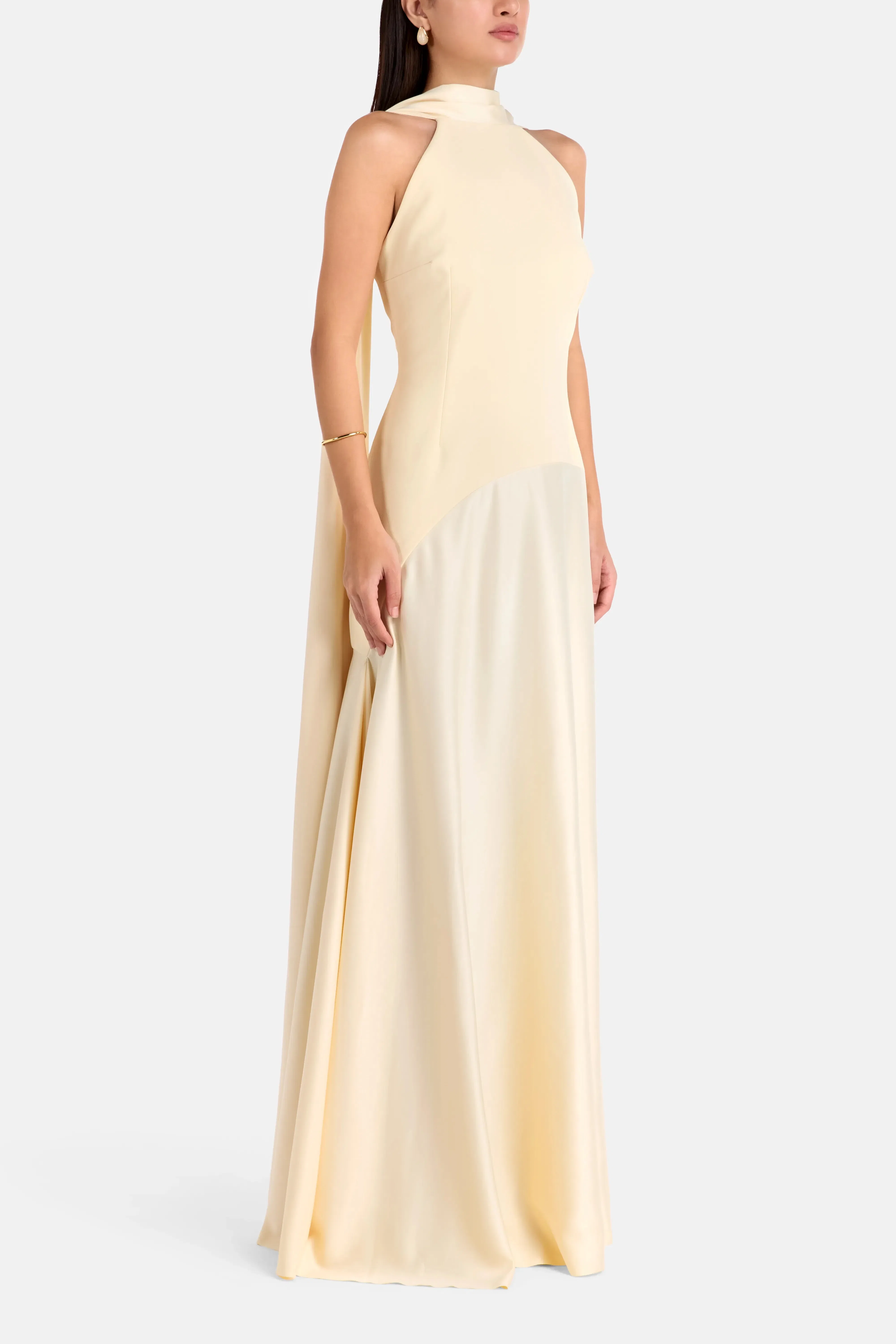 Solace London Cece Halter Neck Sleeveless Evening Dress in White with Scarf