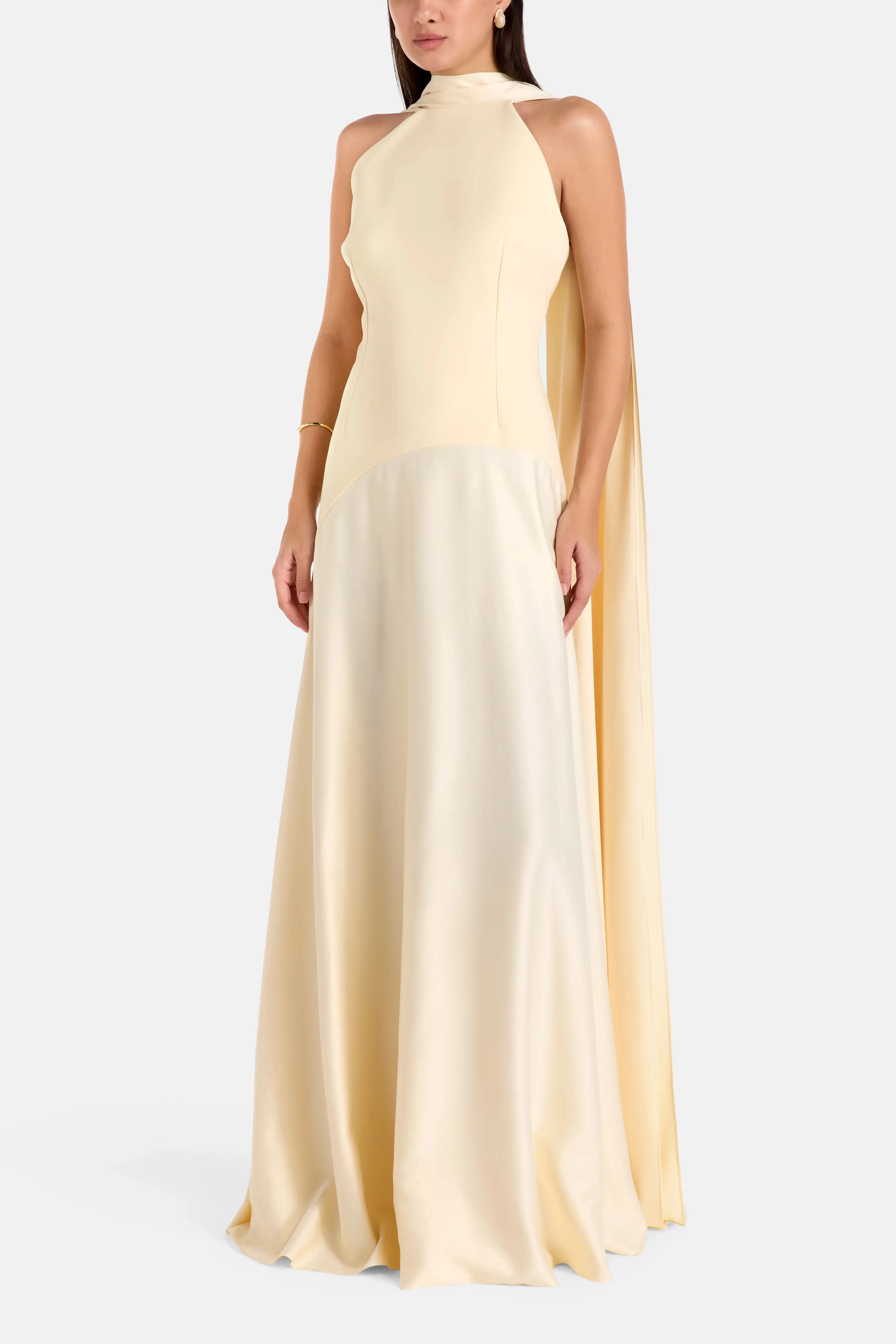 Solace London Cece Halter Neck Sleeveless Evening Dress in White with Scarf