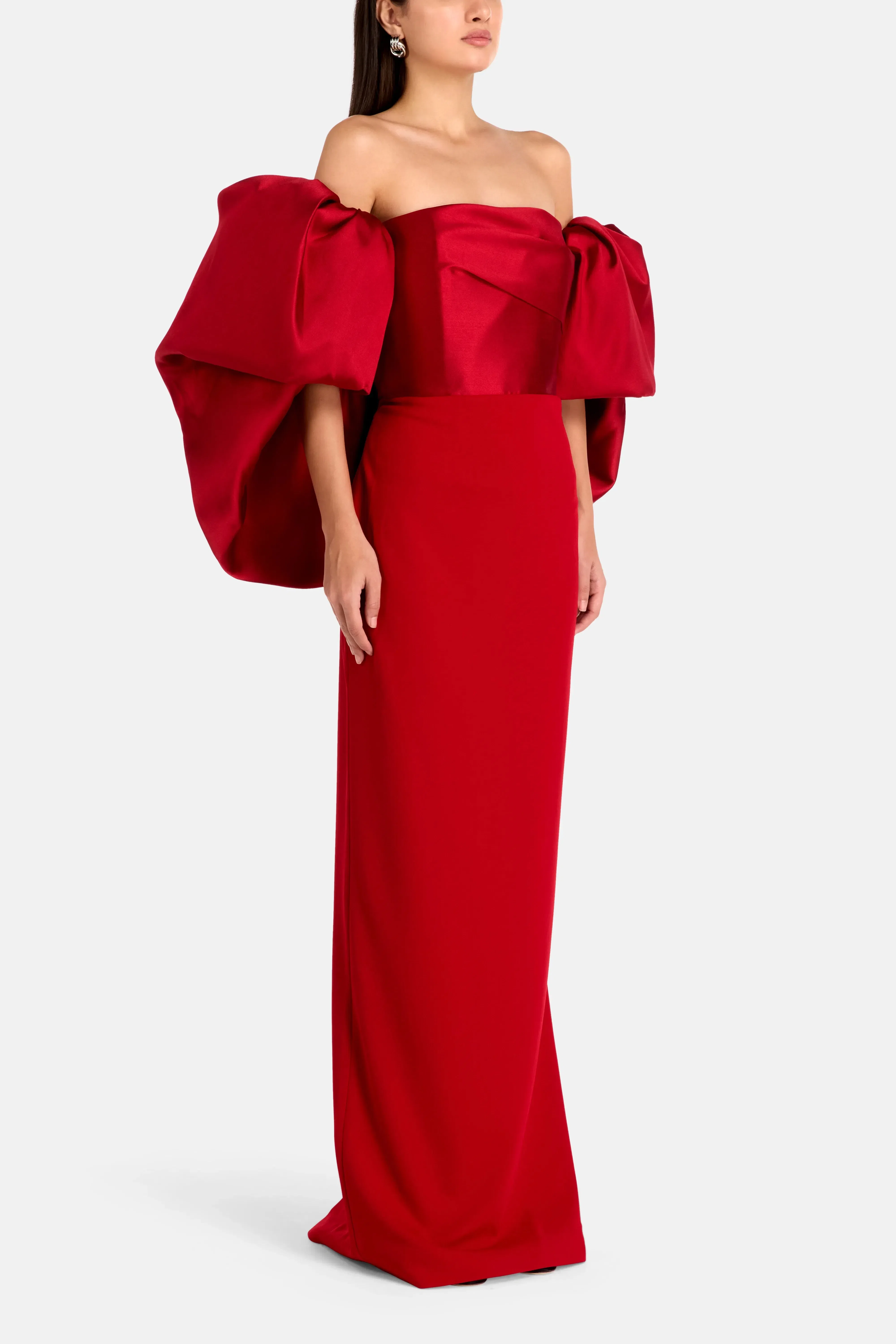 Solace London Floris Off Shoulder Puff Sleeves Evening Dress in Red