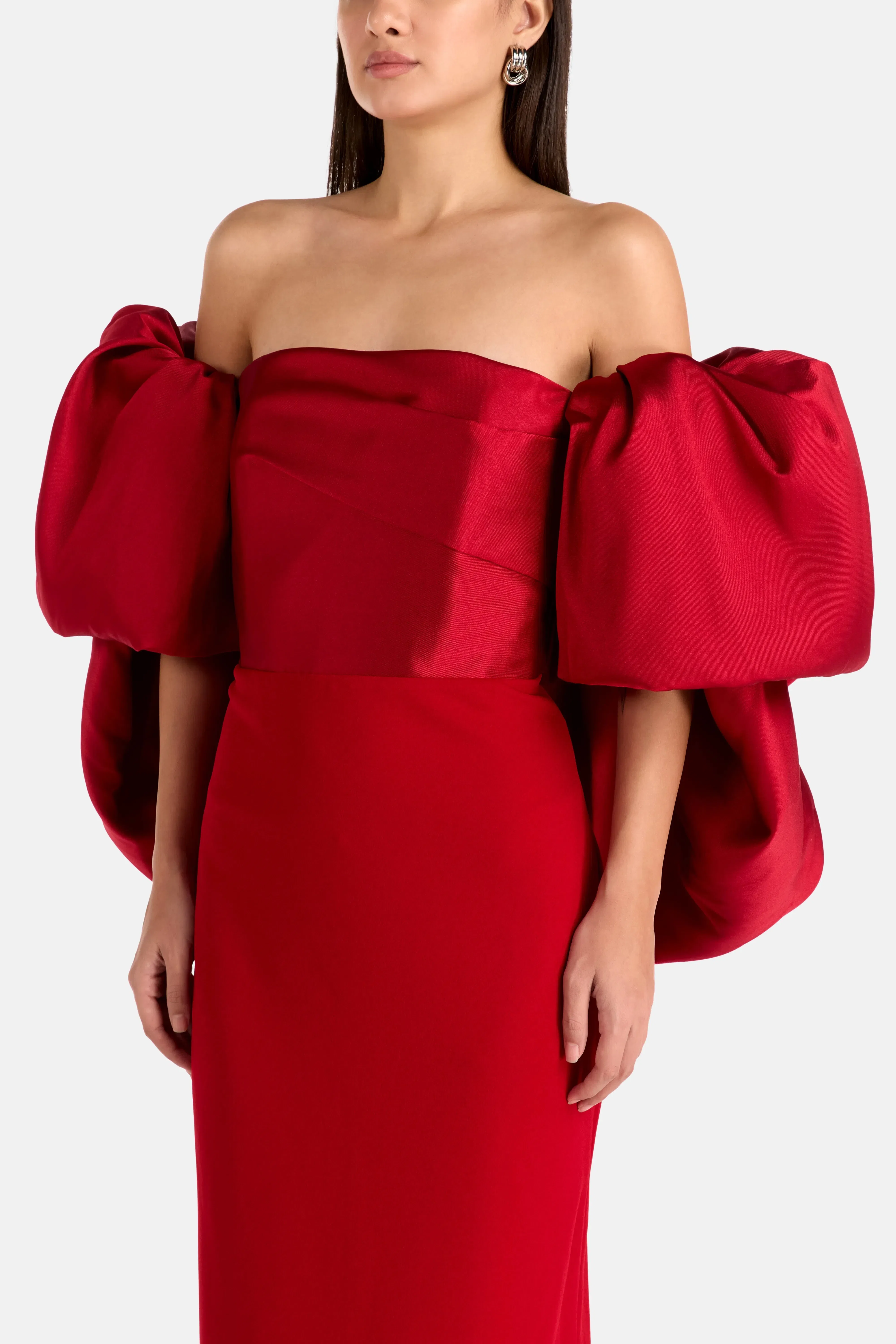 Solace London Floris Off Shoulder Puff Sleeves Evening Dress in Red