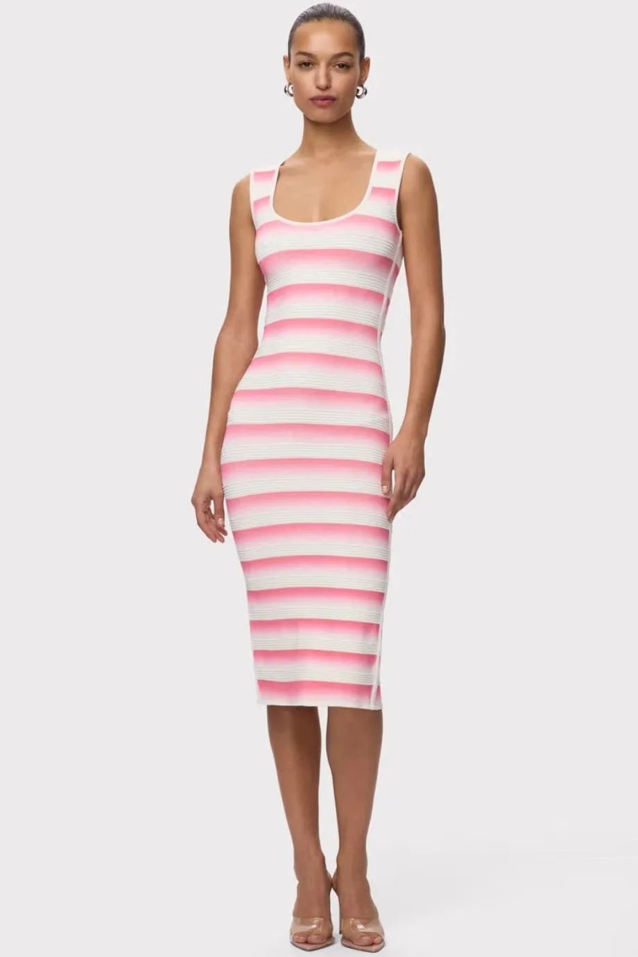 Hervé Léger Clea Bandage Sleeveless Knit Midi Dress in White and Pink