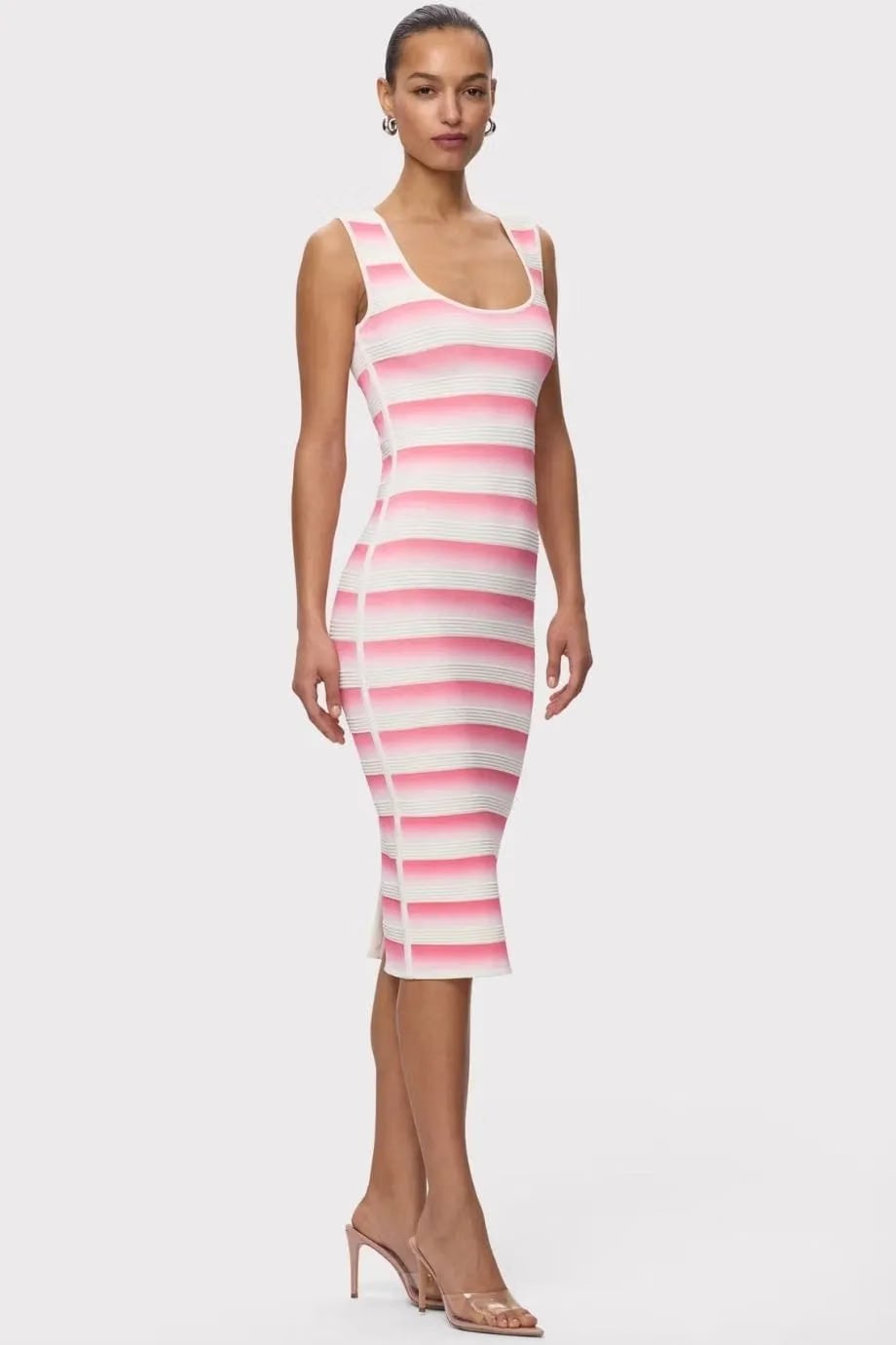 Hervé Léger Clea Bandage Sleeveless Knit Midi Dress in White and Pink