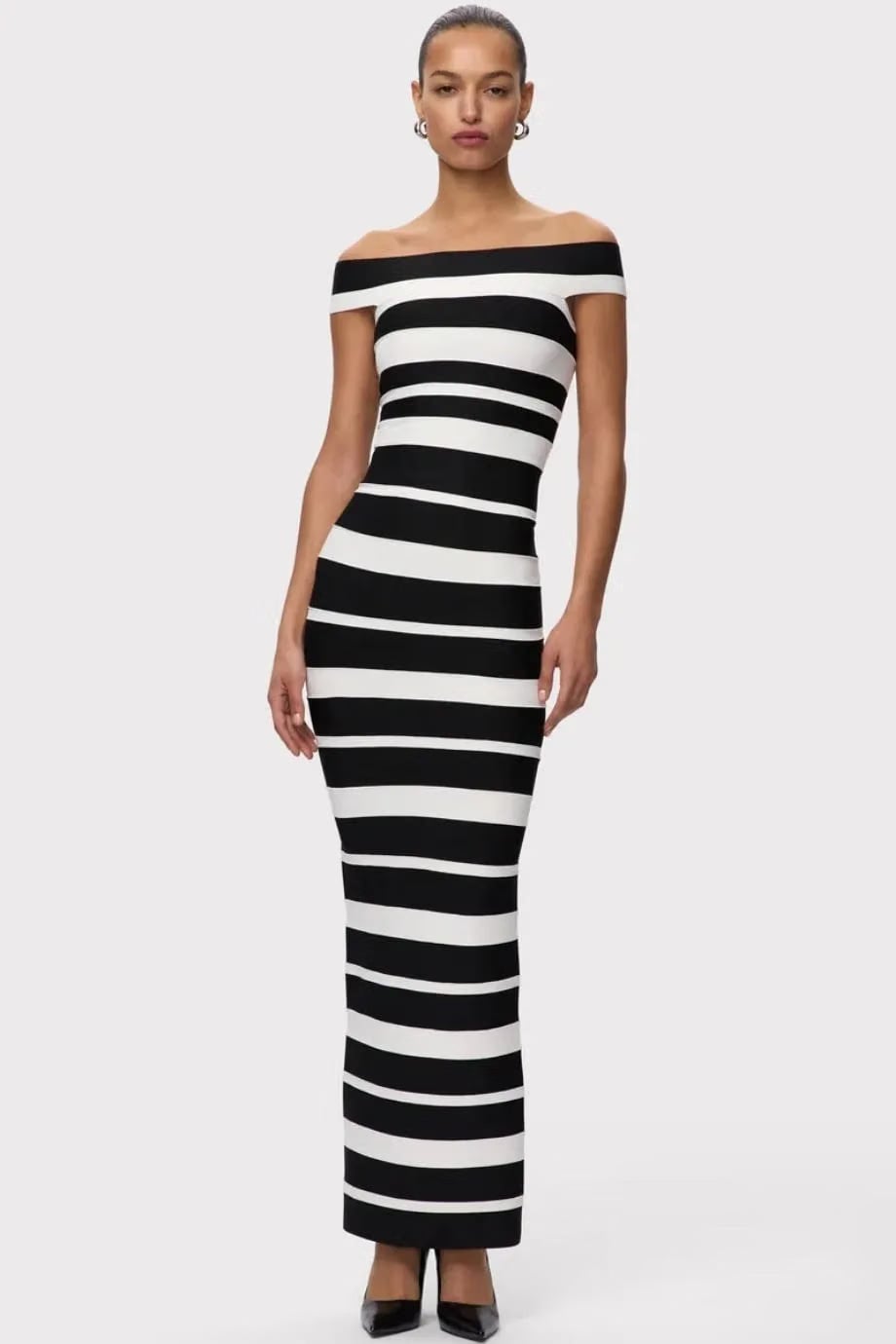 Hervé Léger Kiva Off Shoulder Bandage Knit Maxi Dress in Black and White