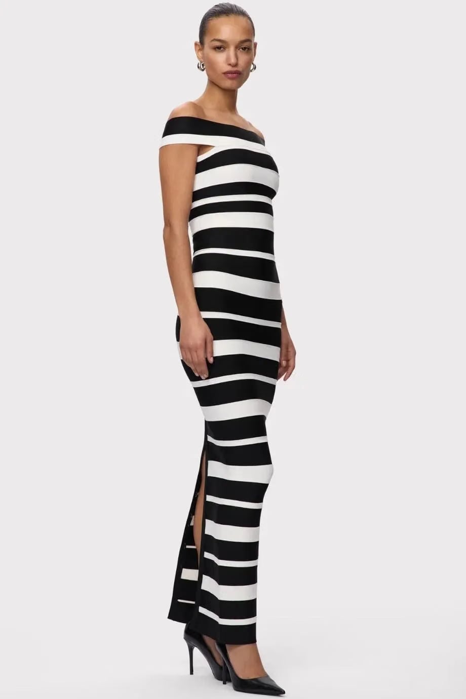 Hervé Léger Kiva Off Shoulder Bandage Knit Maxi Dress in Black and White