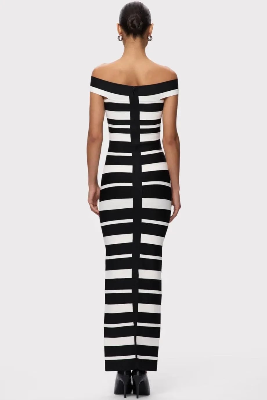 Hervé Léger Kiva Off Shoulder Bandage Knit Maxi Dress in Black and White