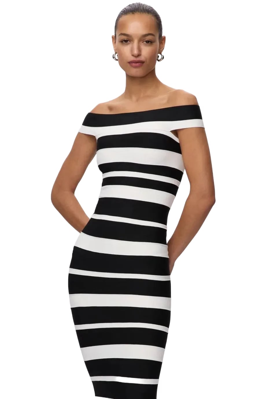 Hervé Léger Kiva Off Shoulder Bandage Knit Maxi Dress in Black and White