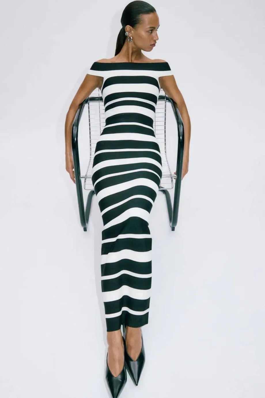 Hervé Léger Kiva Off Shoulder Bandage Knit Maxi Dress in Black and White