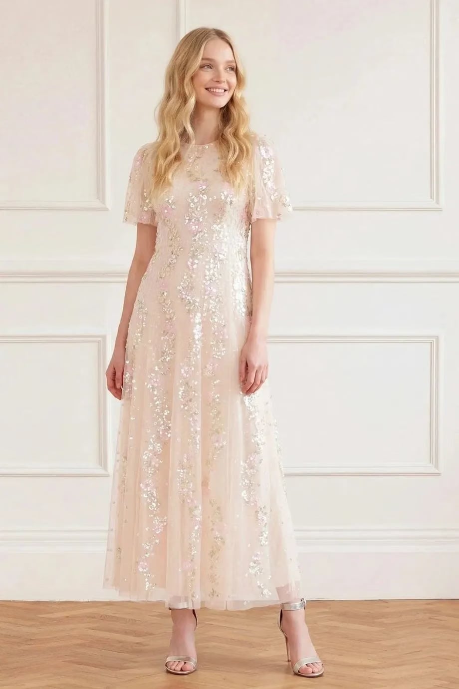 Needle & Thread Confetti Sequins Evening Dress in Cream