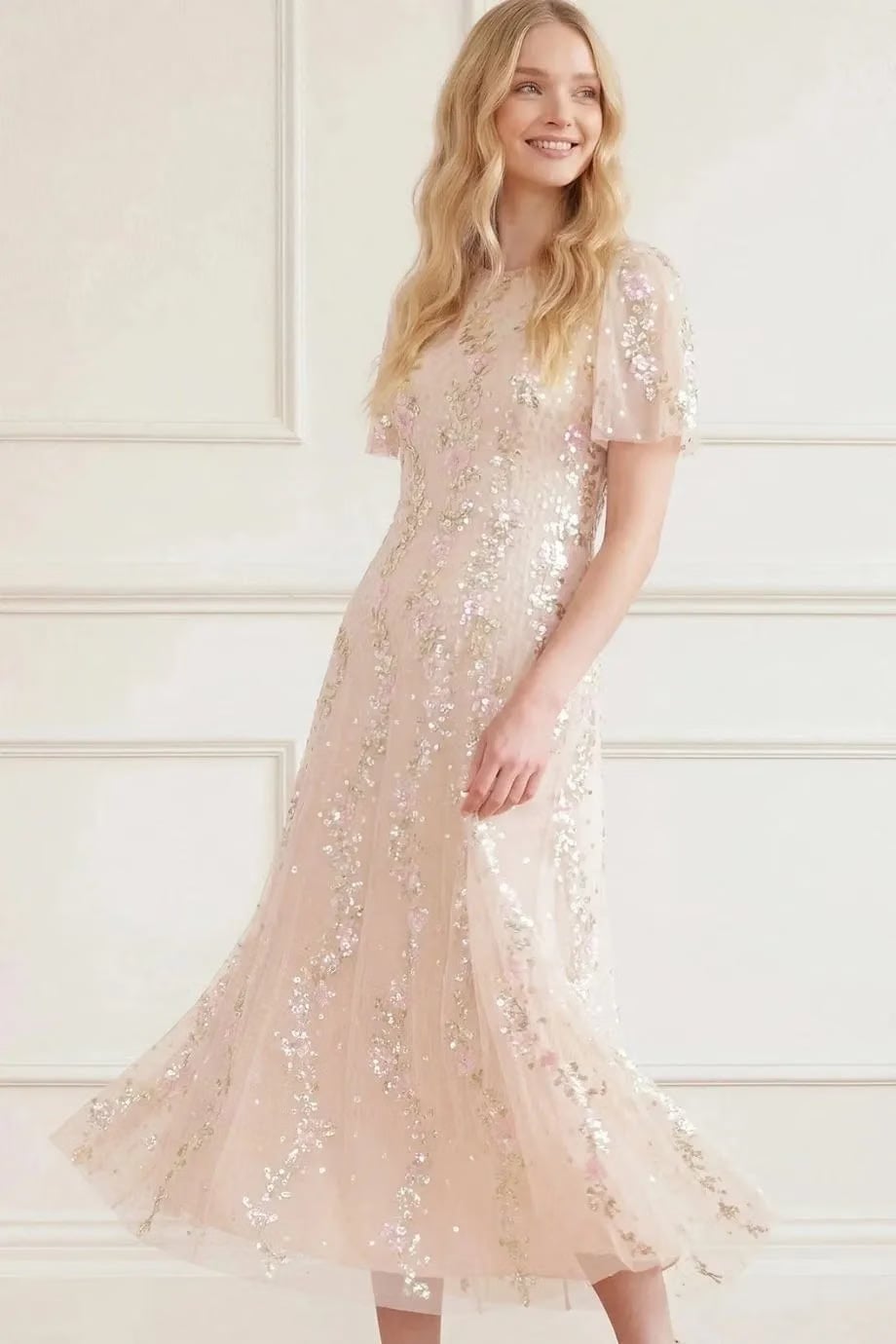 Needle & Thread Confetti Sequins Evening Dress in Cream